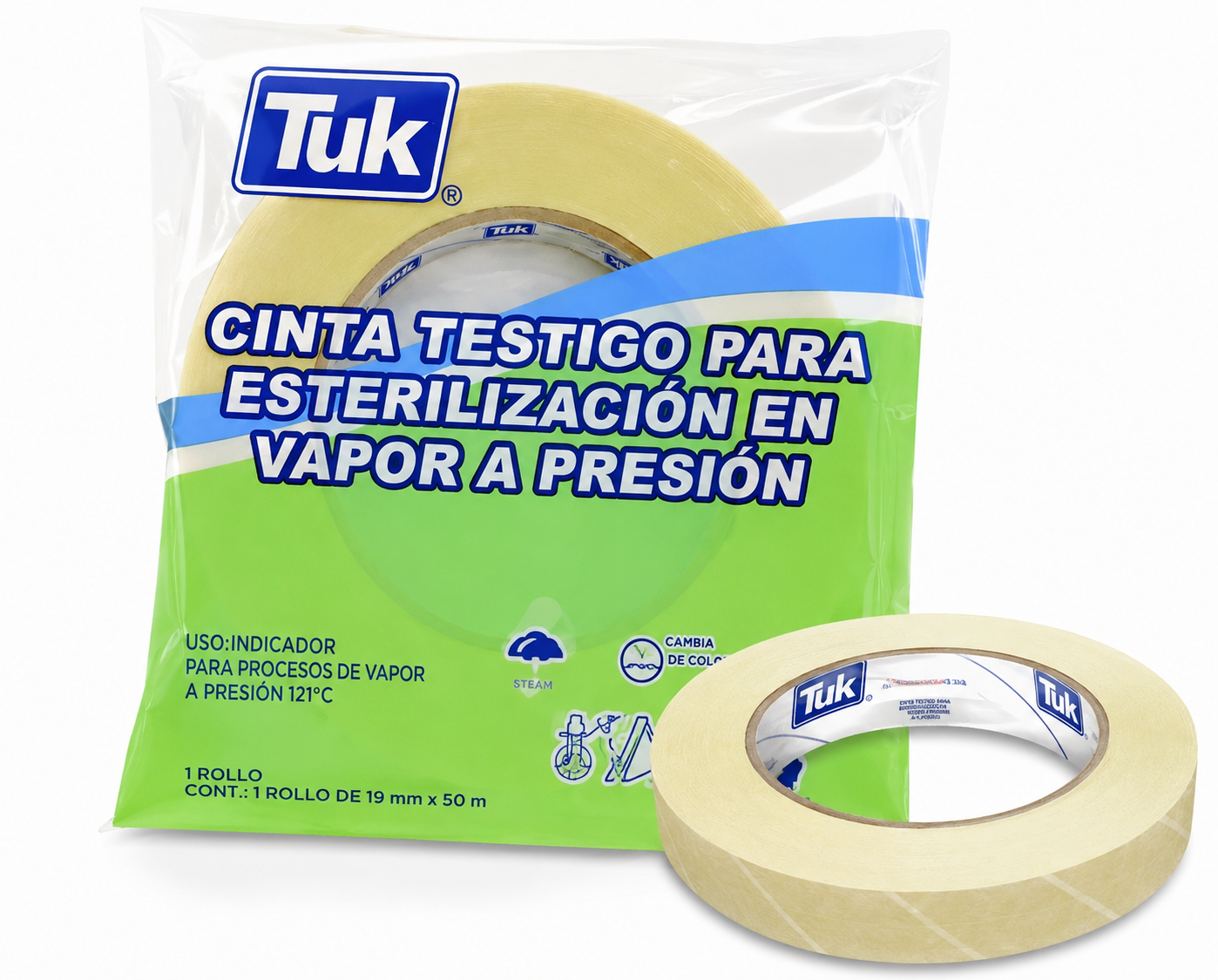TUK Cinta testigo para autoclave de vapor 18mm, ROLLO 50m