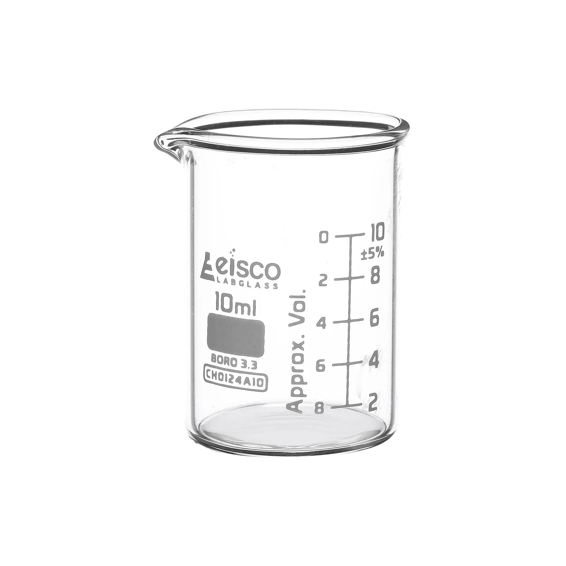 Vaso de precipitados de 10 ml, ASTM, forma baja con pico, graduaciones en blanco, vidrio de borosilicato 3.3, Eisco Labs