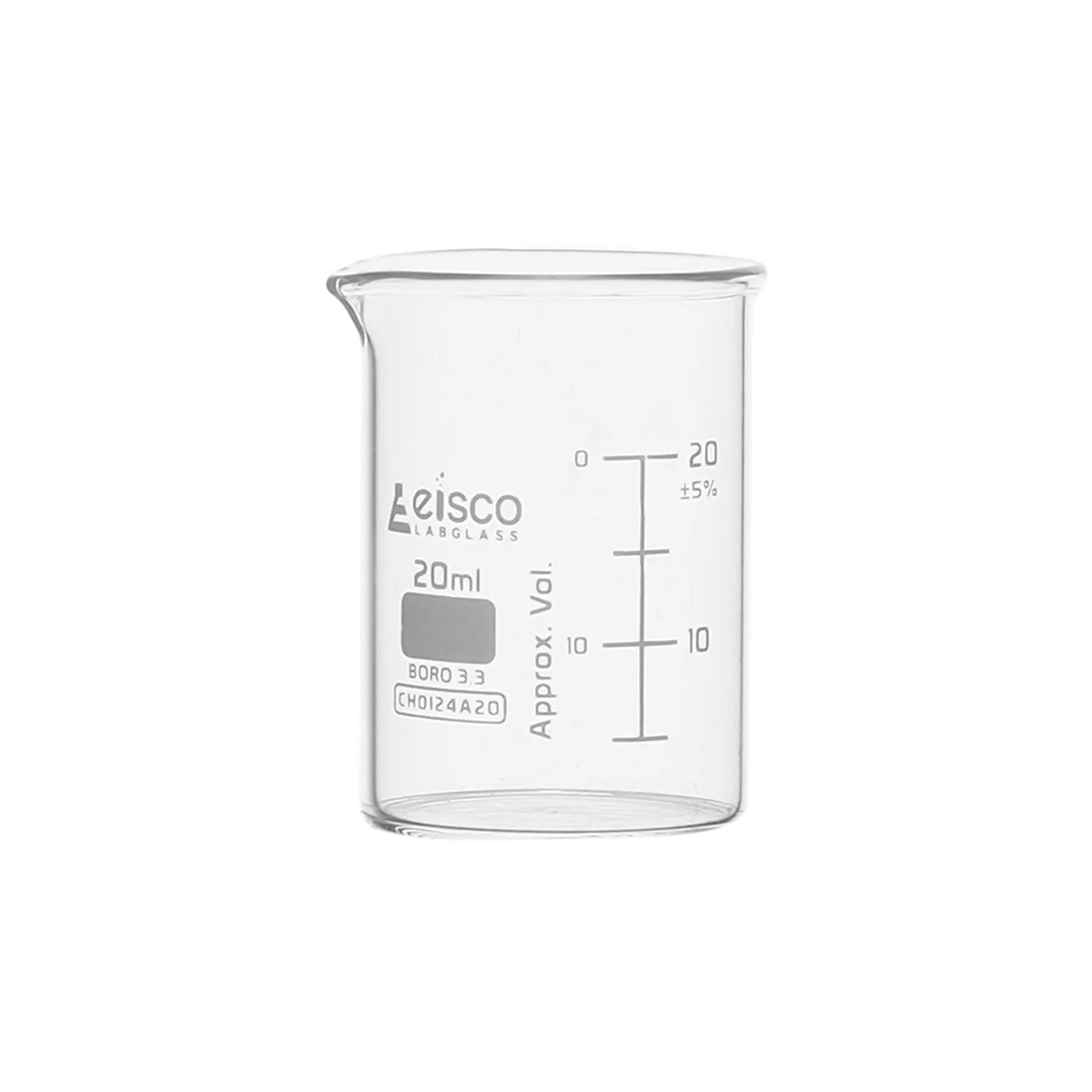 Vaso de precipitados, 20 ml, ASTM, forma baja con pico, escala doble, graduaciones en blanco, vidrio de borosilicato Eisco