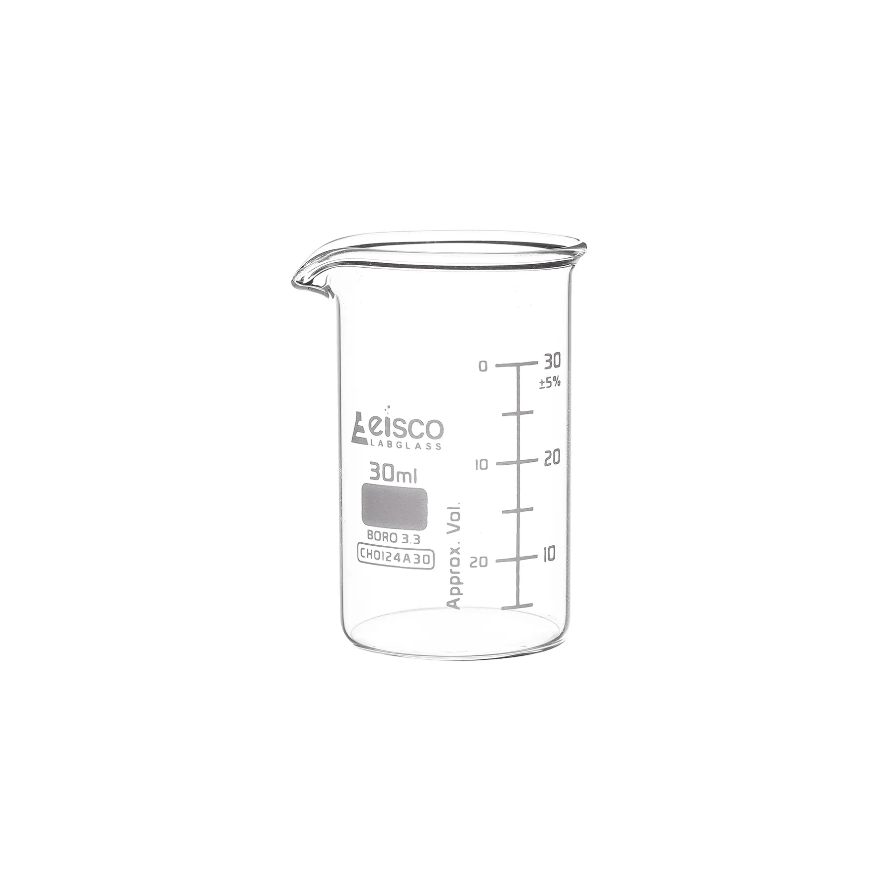 Vaso de precipitados, 30 ml, ASTM, forma baja, graduaciones de escala doble, vidrio de borosilicato Eisco