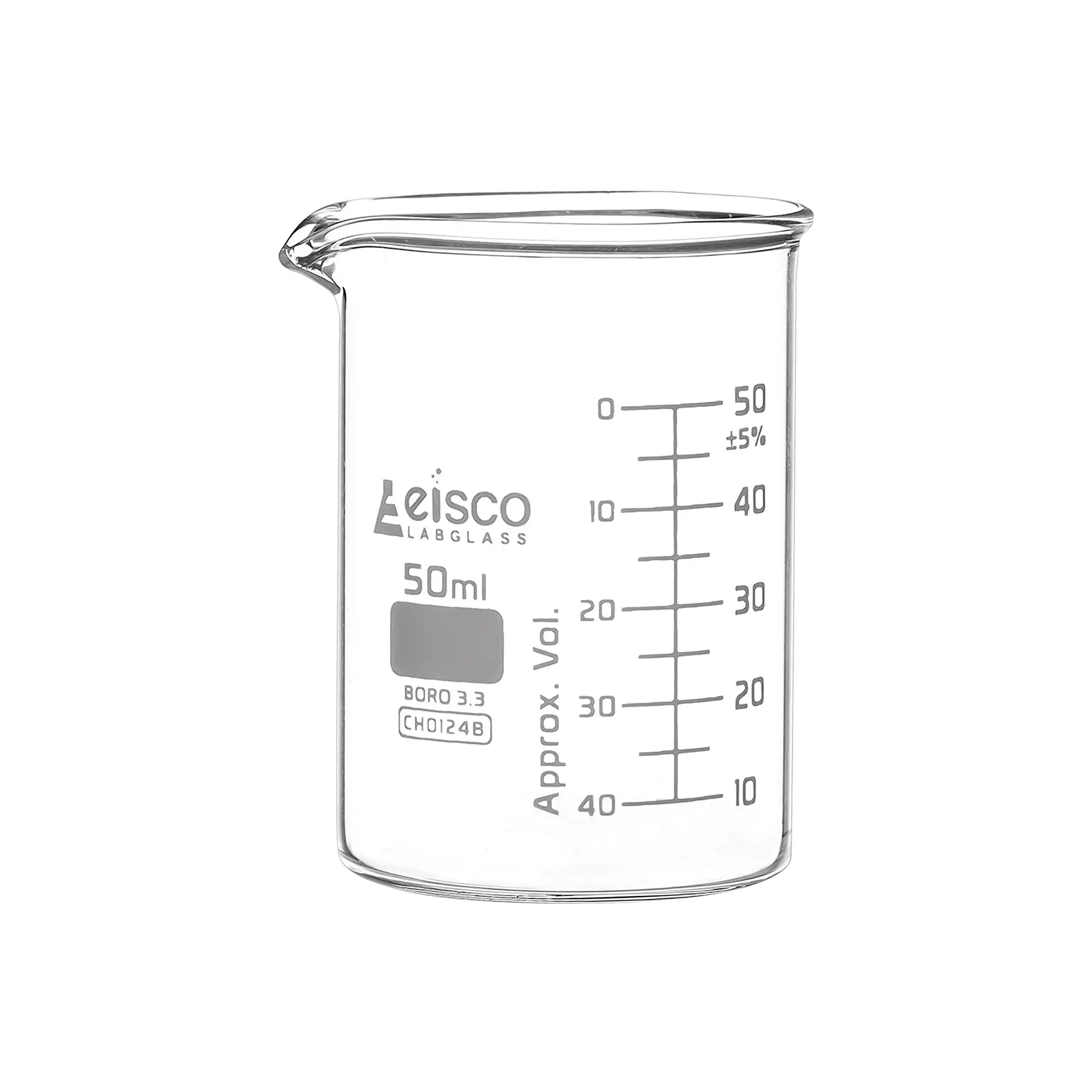 Vaso de precipitados, 50 ml, ASTM, forma baja, graduaciones de escala doble, vidrio de borosilicato Eisco