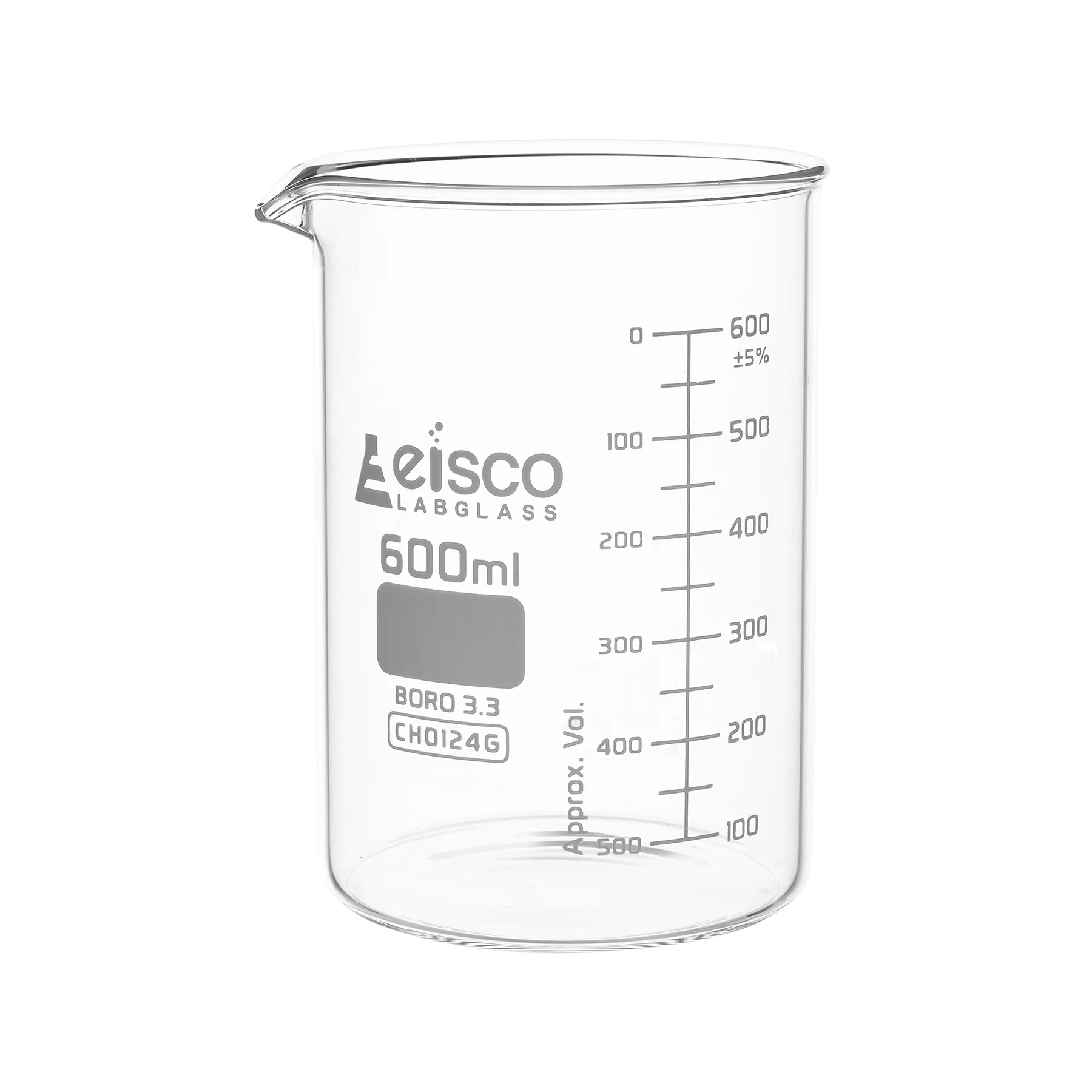 Vaso de precipitados, 600 ml, ASTM, forma baja, graduaciones de doble escala, vidrio de borosilicato EISCO