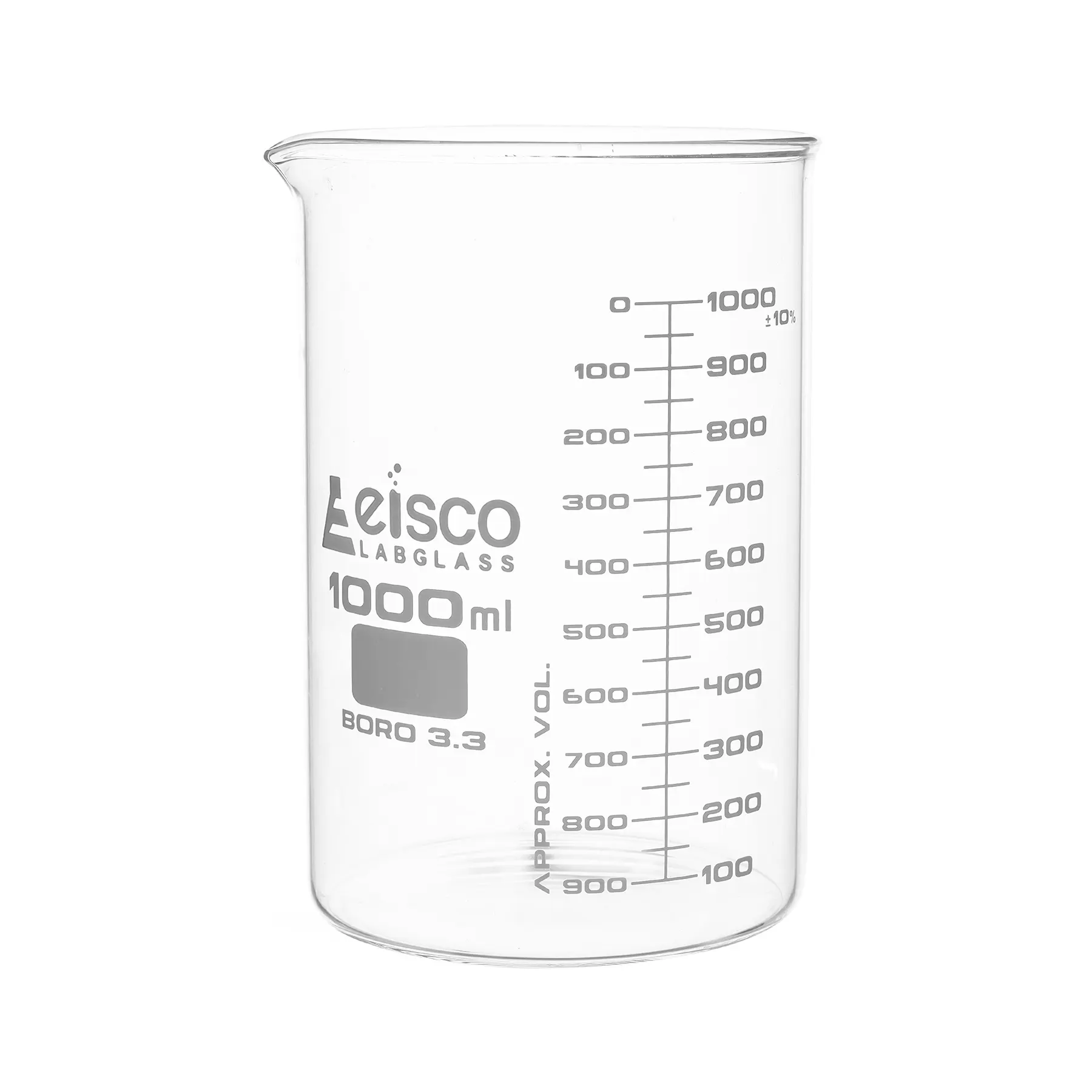 Vaso de precipitados, 1000 ml, ASTM, forma baja, graduaciones de escala doble, vidrio de borosilicato EISCO