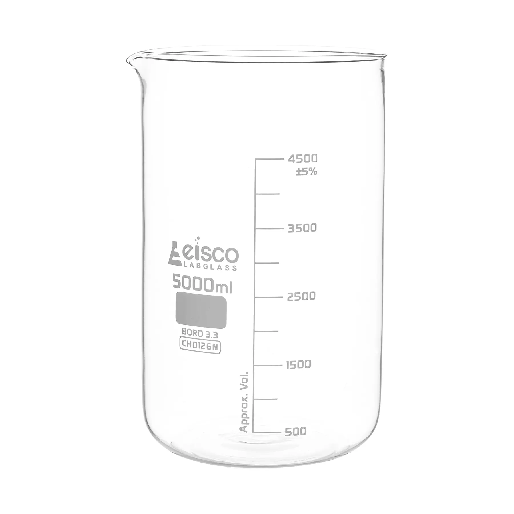 Vaso de precipitados de 5000 ml, vidrio de borosilicato, forma baja, graduaciones en blanco, graduaciones de 500 ml EISCO
