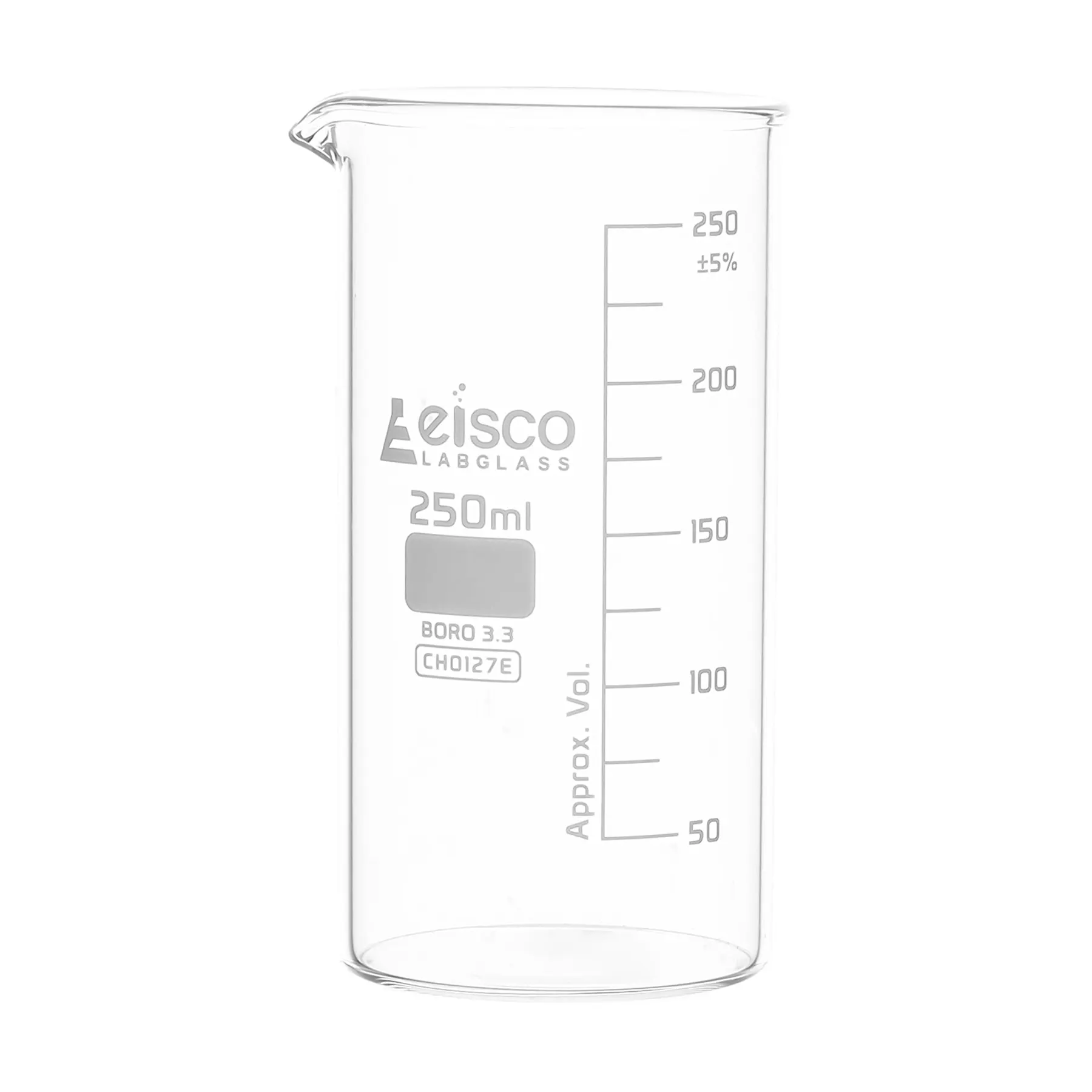 Vaso de precipitados alto, con pico vertedor, fabricado en vidrio borosilicato, graduado, 250 ml.Eisco