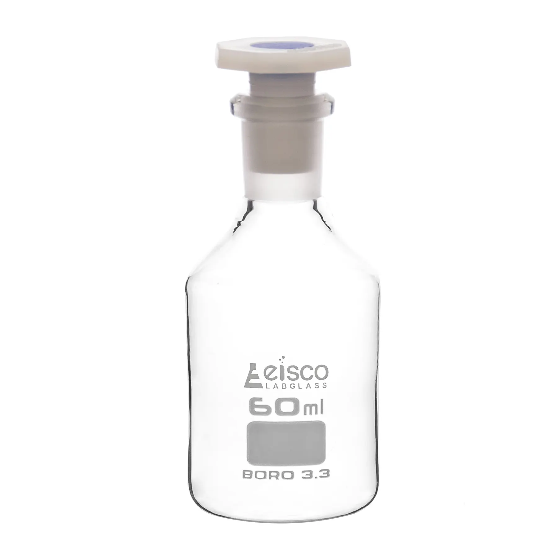 Botella de reactivo de vidrio de 60 ml (2 oz) con tapón de polipropileno a prueba de ácidos, vidrio de borosilicato 3.3 - Eisco Labs