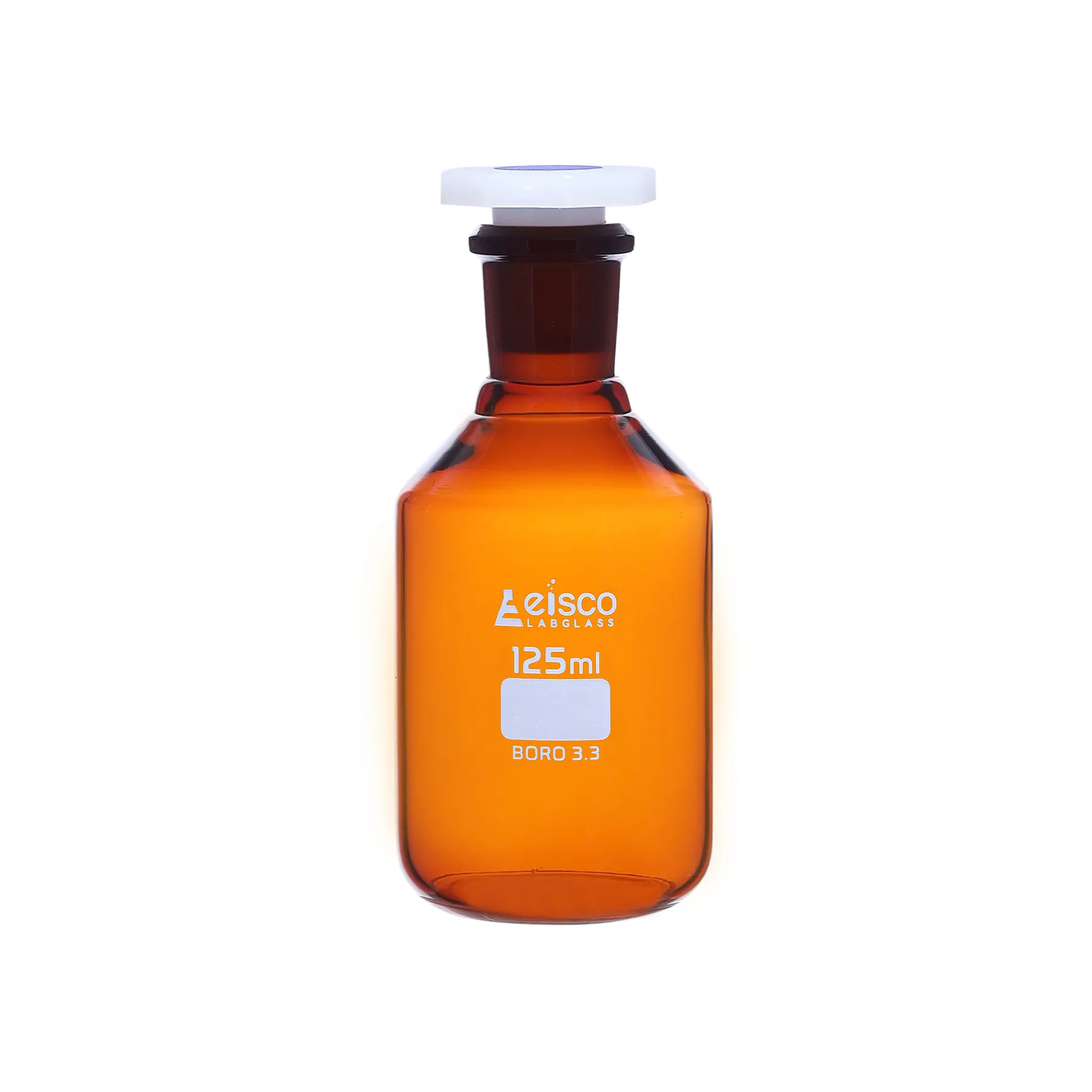Bottle Reagent, Amber colour, narrow mouth with acid proof polypropylene stopper 125ml., socket size 19/26