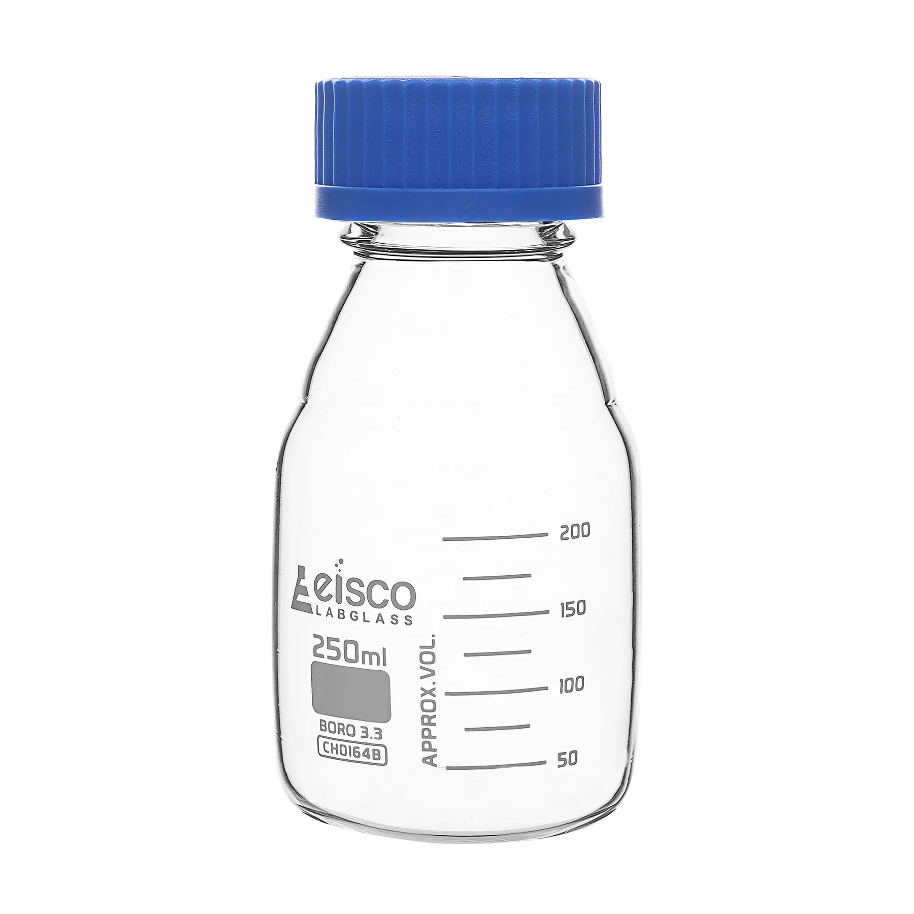 Botella de reactivo, 250 ml, transparente con tapa de rosca azul, graduaciones blancas, vidrio de borosilicato 3,3, Eisco Labs