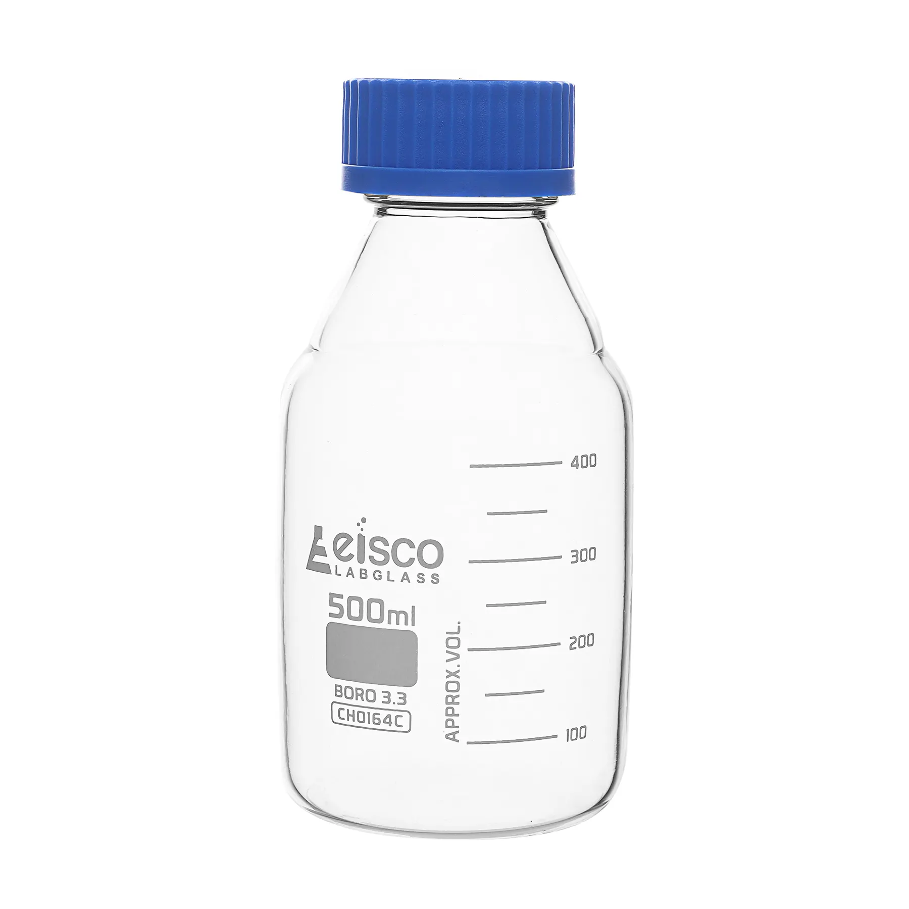 Botella de reactivo, 500 ml, transparente con tapa de rosca azul, graduaciones blancas, vidrio de borosilicato 3.3, Eisco Labs