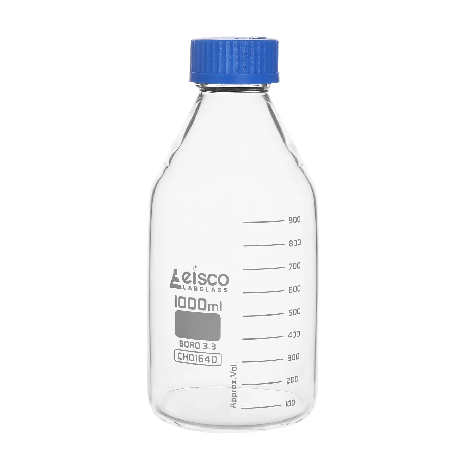 Botella de reactivo, 1000 ml, transparente con tapa de rosca azul, graduaciones blancas, vidrio de borosilicato 3,3, Eisco Labs