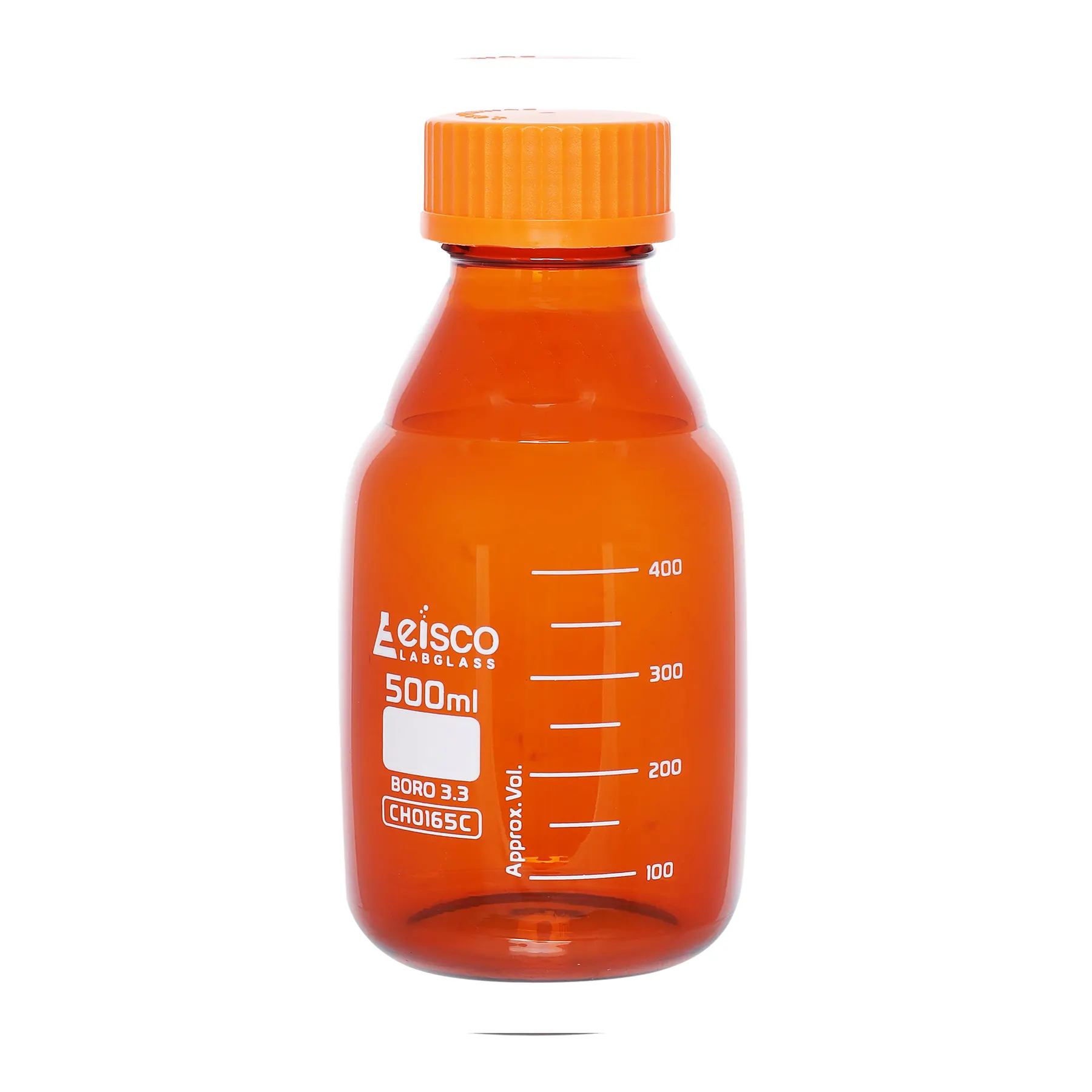 Frasco de reactivo, 500 ml, vidrio color ámbar, tapa de rosca naranja, vidrio de borosilicato 3.3 EISCO