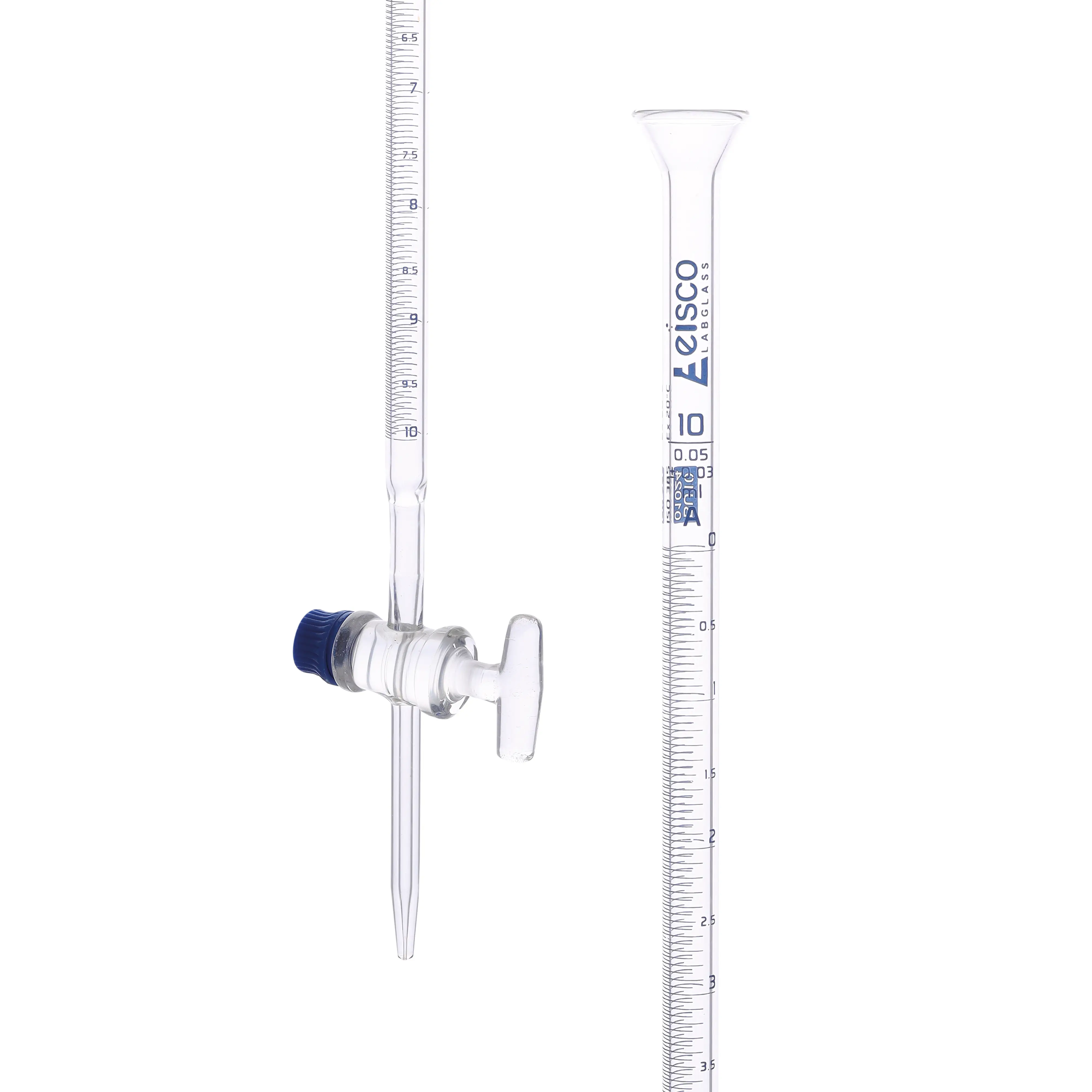 Bureta de 10 ml, clase A, conforme a DIN 385, vidrio de borosilicato con llave de paso de vidrio, graduaciones de 0,05 ml - Eisco Labs