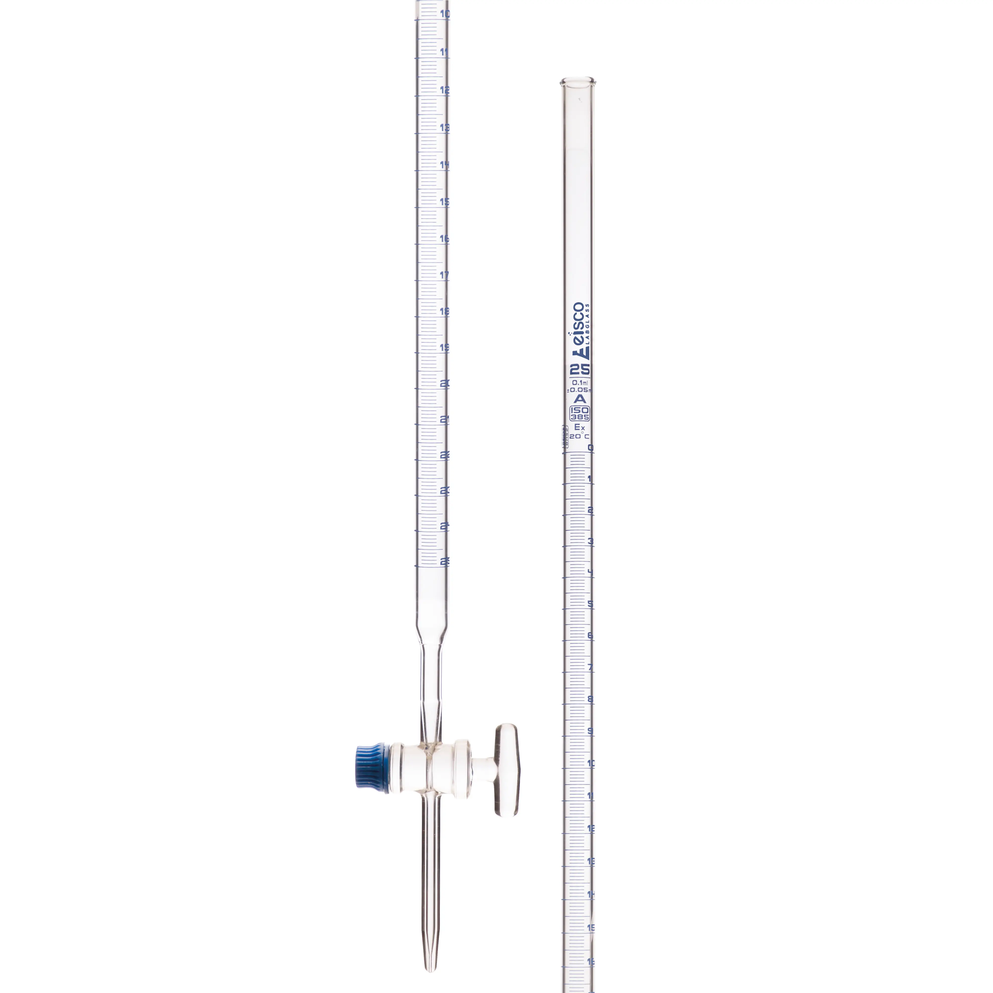 Bureta de borosilicato de clase A de 25 ml - Graduaciones de 0,1 ml - Tolerancia de 0,05 ml - Llave de paso de vidrio (lisa) - 22,5" de alto EISCO