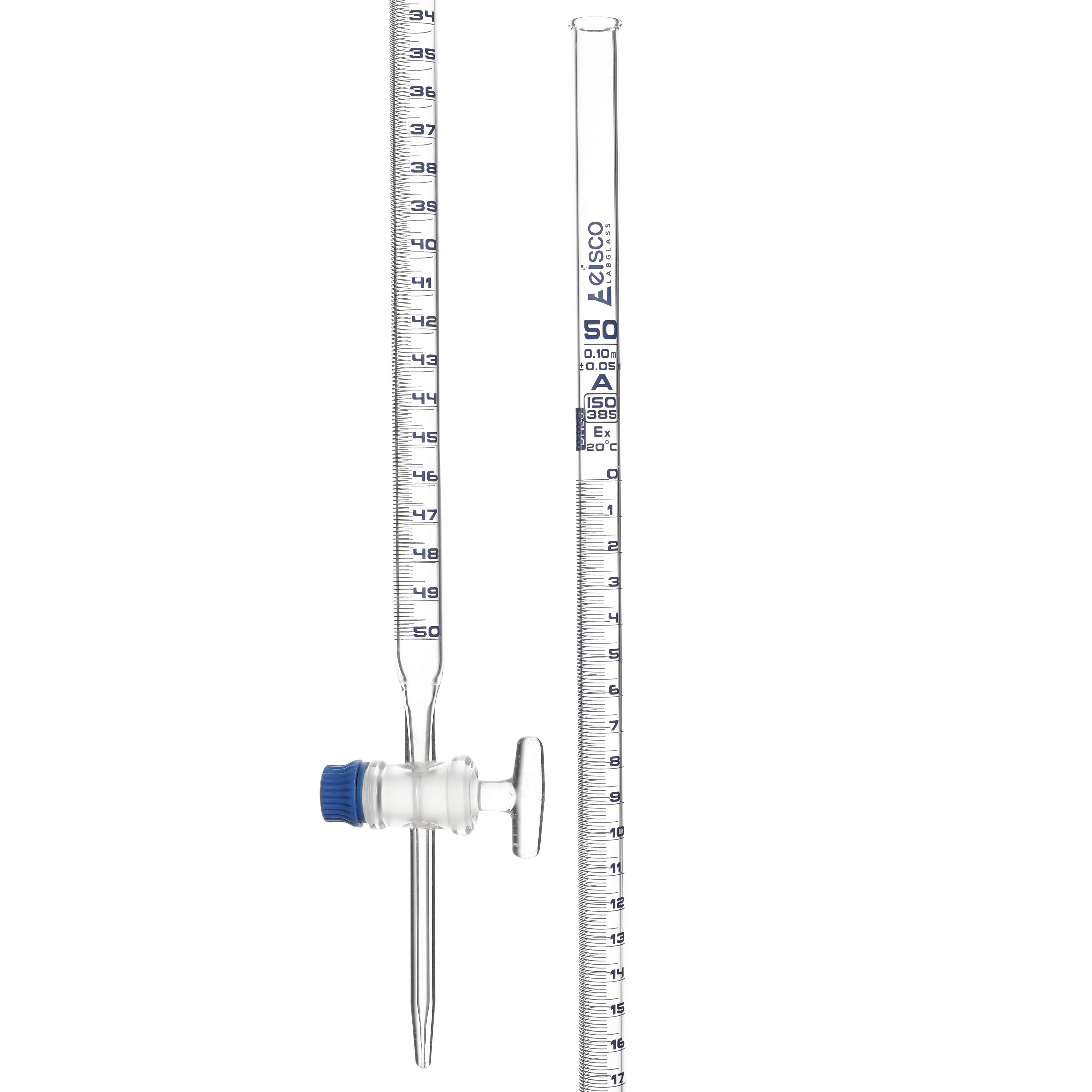 Bureta de borosilicato de clase A de 50 ml - Graduaciones de 0,1 ml - Tolerancia de 0,05 ml - Llave de paso de vidrio (lisa) - 30,5" de alto EISCO