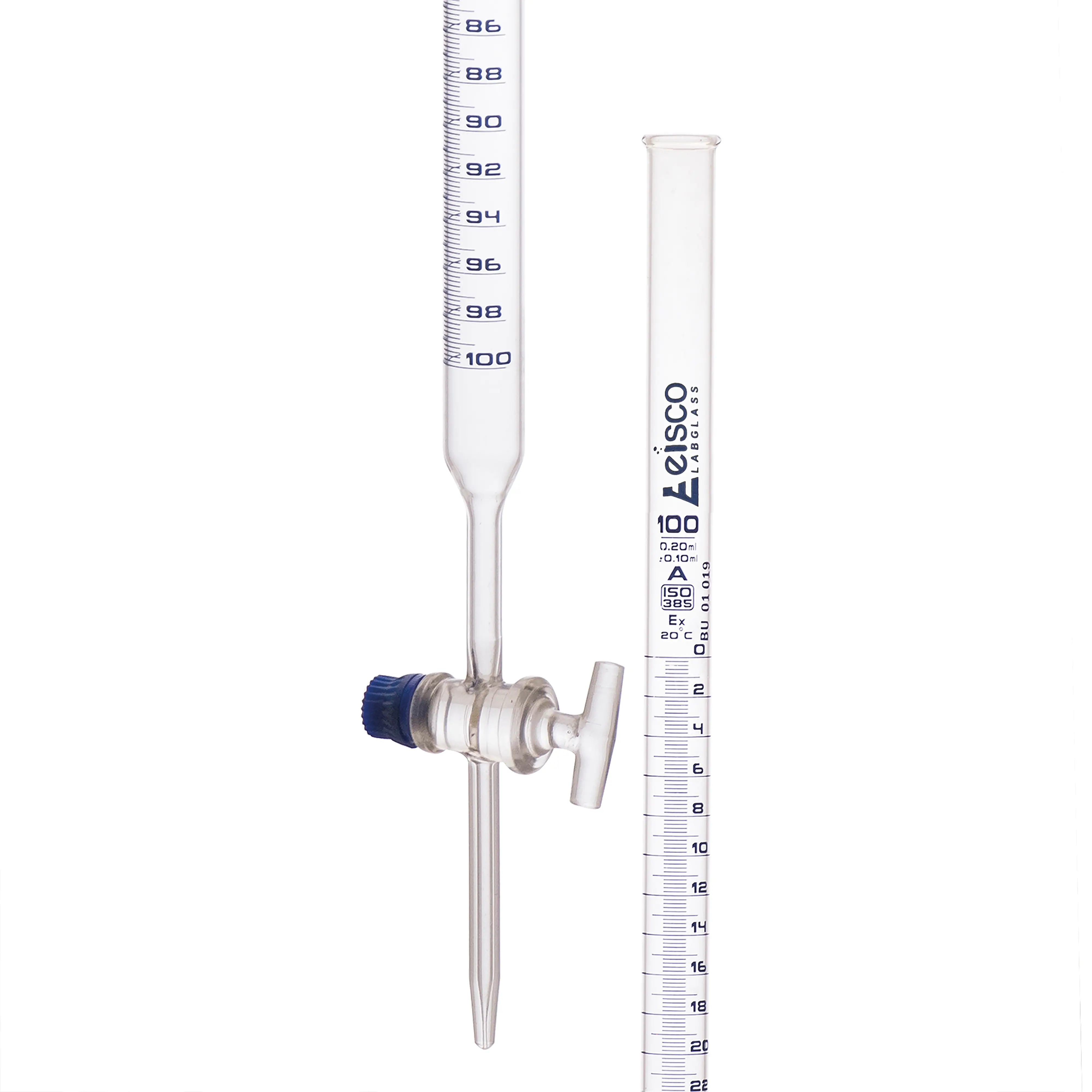Bureta de 100 ml, clase A, conforme a DIN 385, vidrio de borosilicato con llave de paso de vidrio, graduaciones de 0,2 ml - Eisco Labs