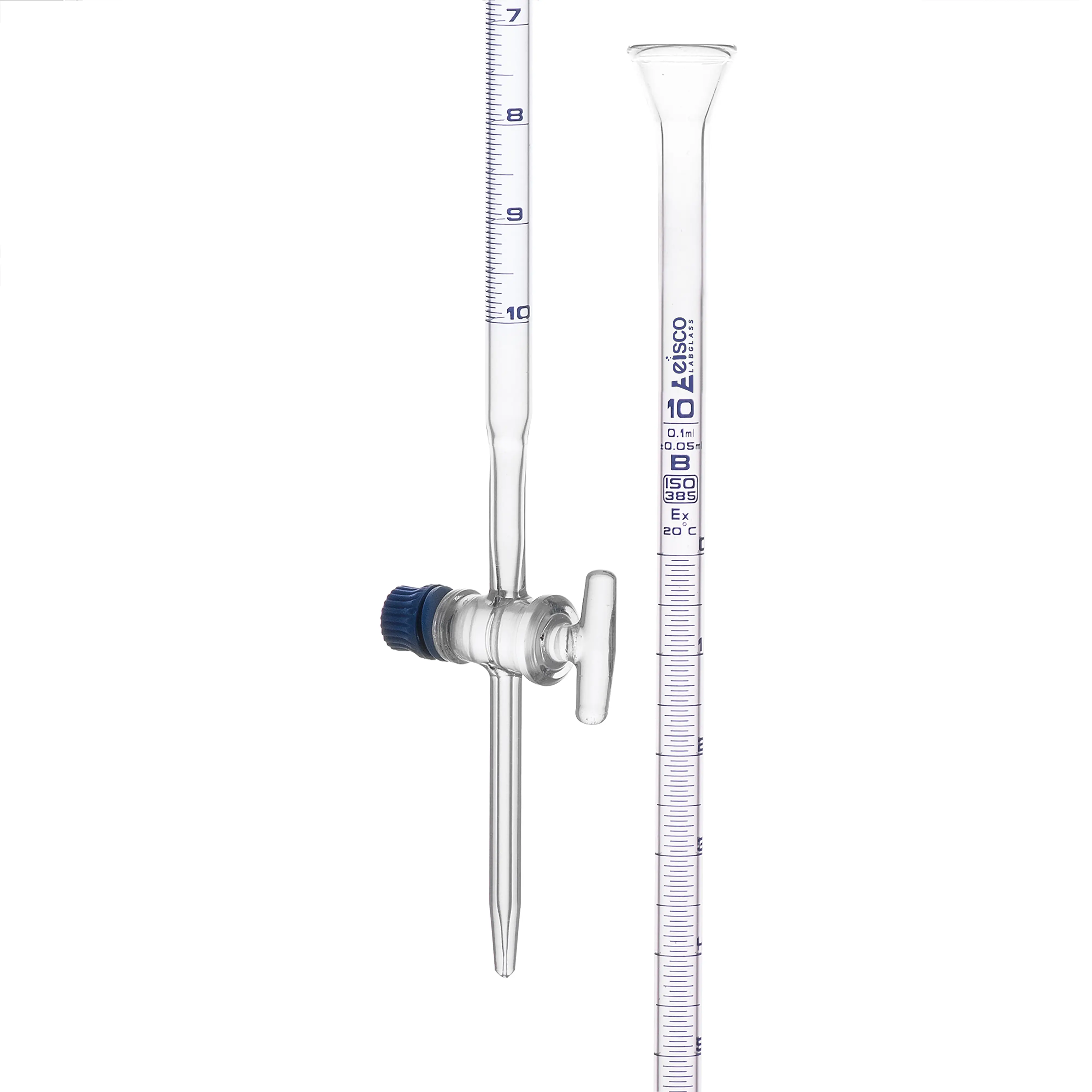 Burettes - Glass Key Capacity 10ml Sub. Div.0.05ml Tolerance ± 0.05ml, class-B, Blue Graduation