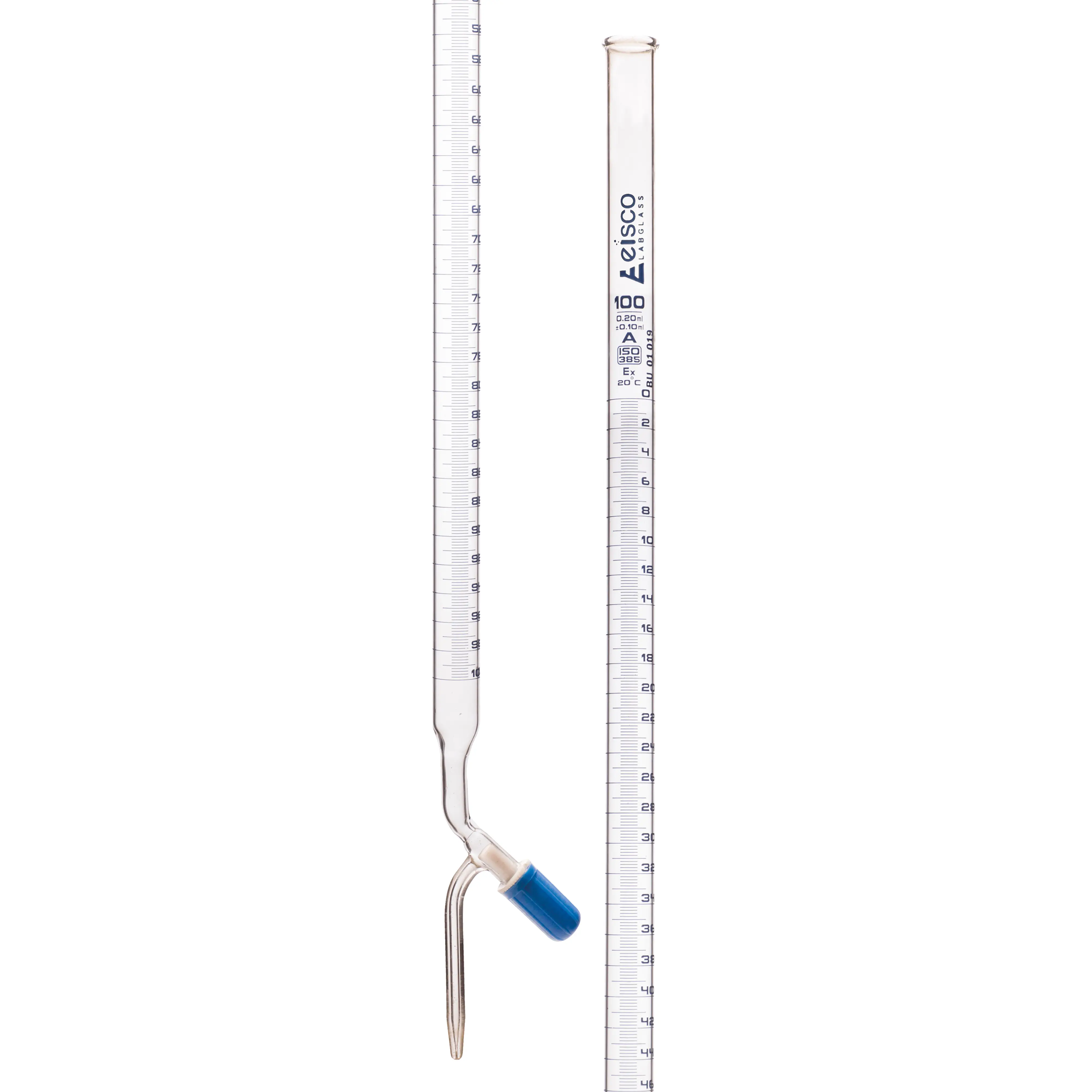 Burettes - PTFE Rotaflow stopcock, capacity 100ml, Sub. Div. 0.20ml Tolerance ± 0.10ml, class 'A', Blue Graduation