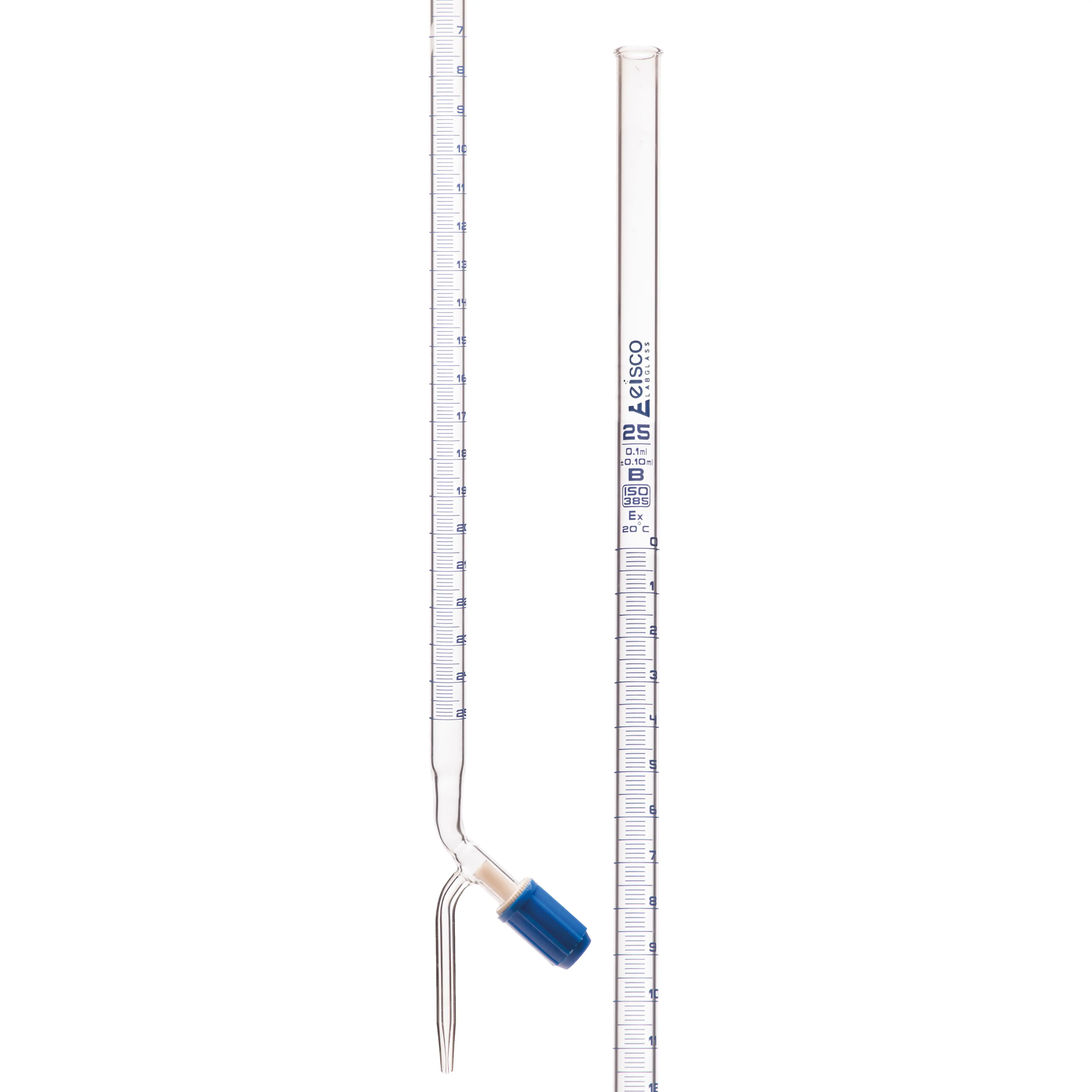 Burettes - PTFE Rotaflow stopcock, capacity 25ml, Sub. Div. 0.10ml Tolerance ± 0.10ml, class 'B', Blue Graduation