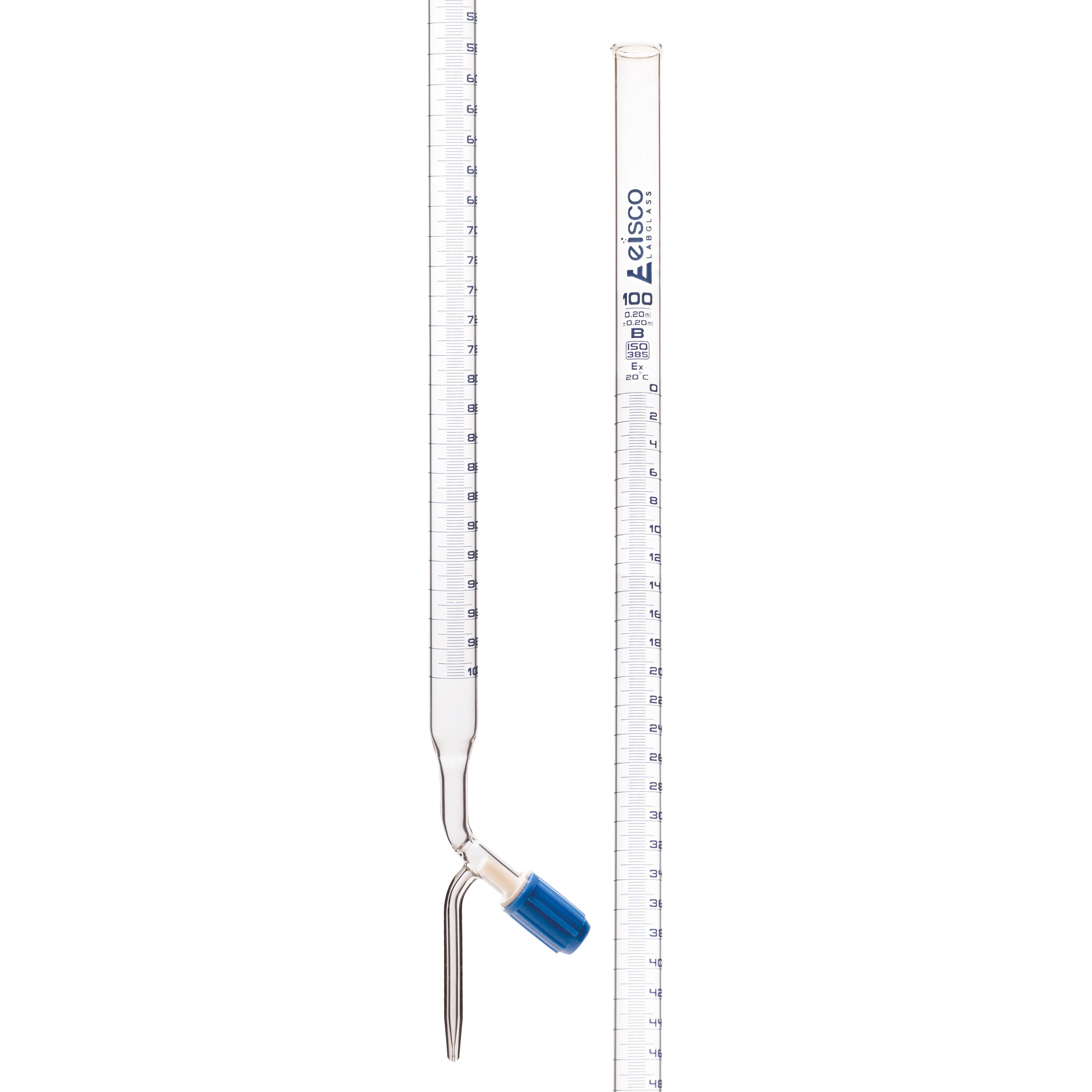 Burettes - PTFE Rotaflow stopcock, capacity 100ml, Sub. Div. 0.20ml Tolerance ± 0.20ml, class 'B', Blue Graduation