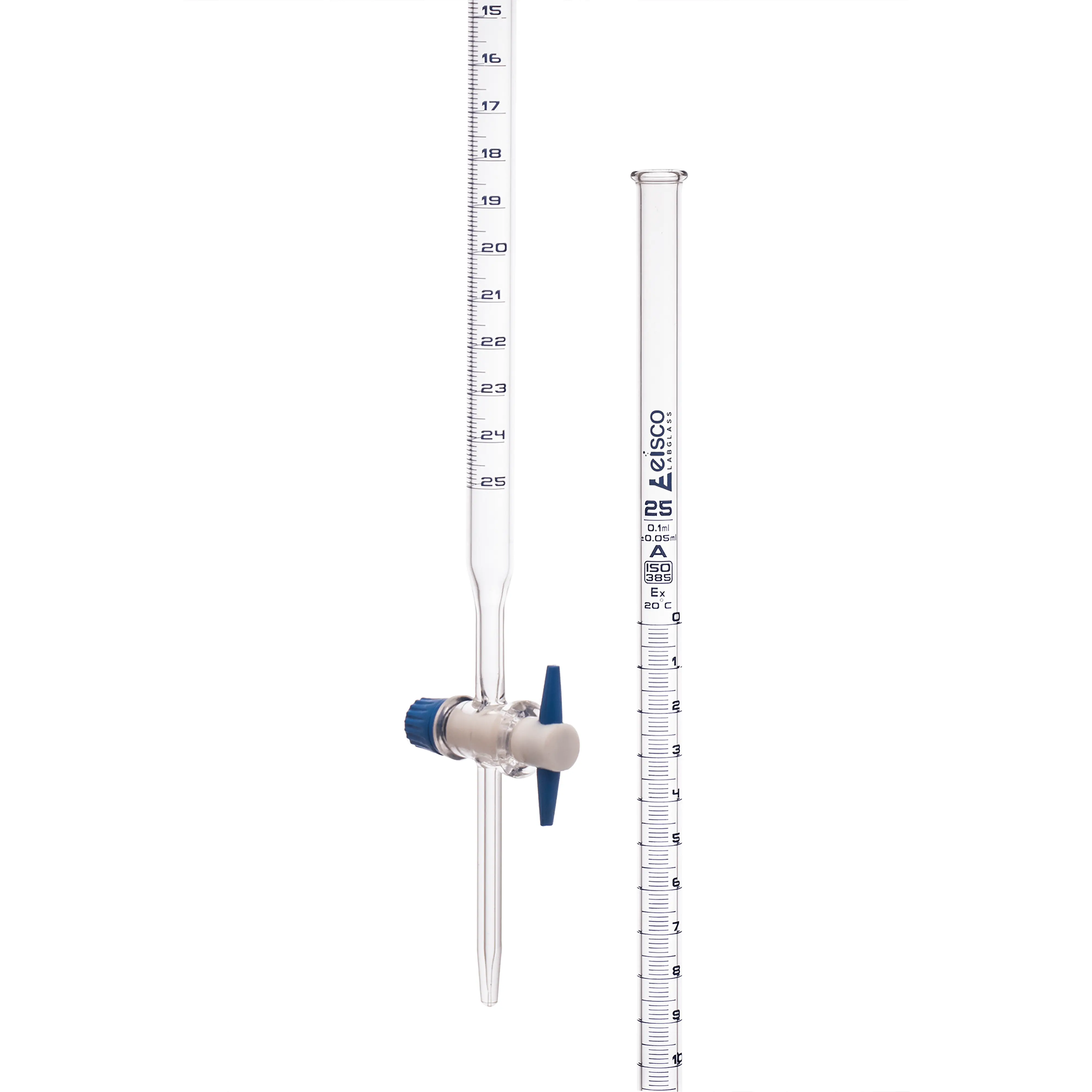 Bureta de borosilicato EISCO, orificio recto, llave de paso de PTFE, 25 ml, clase A, graduación azul