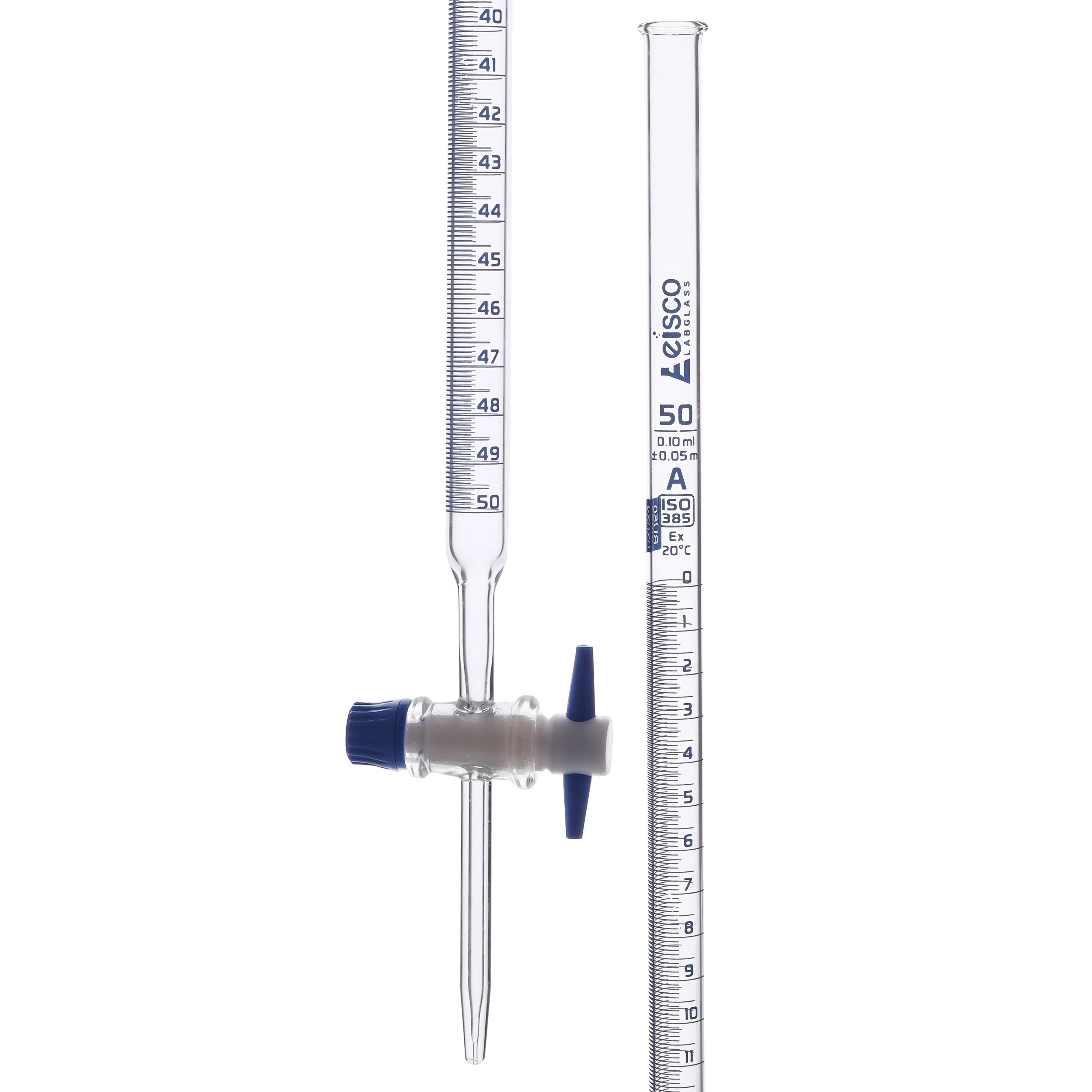 Bureta de borosilicato de Eisco Labs, orificio recto, llave de paso de PTFE, capacidad de 50 ml, graduación de 0,10 ml, tolerancia de clase A