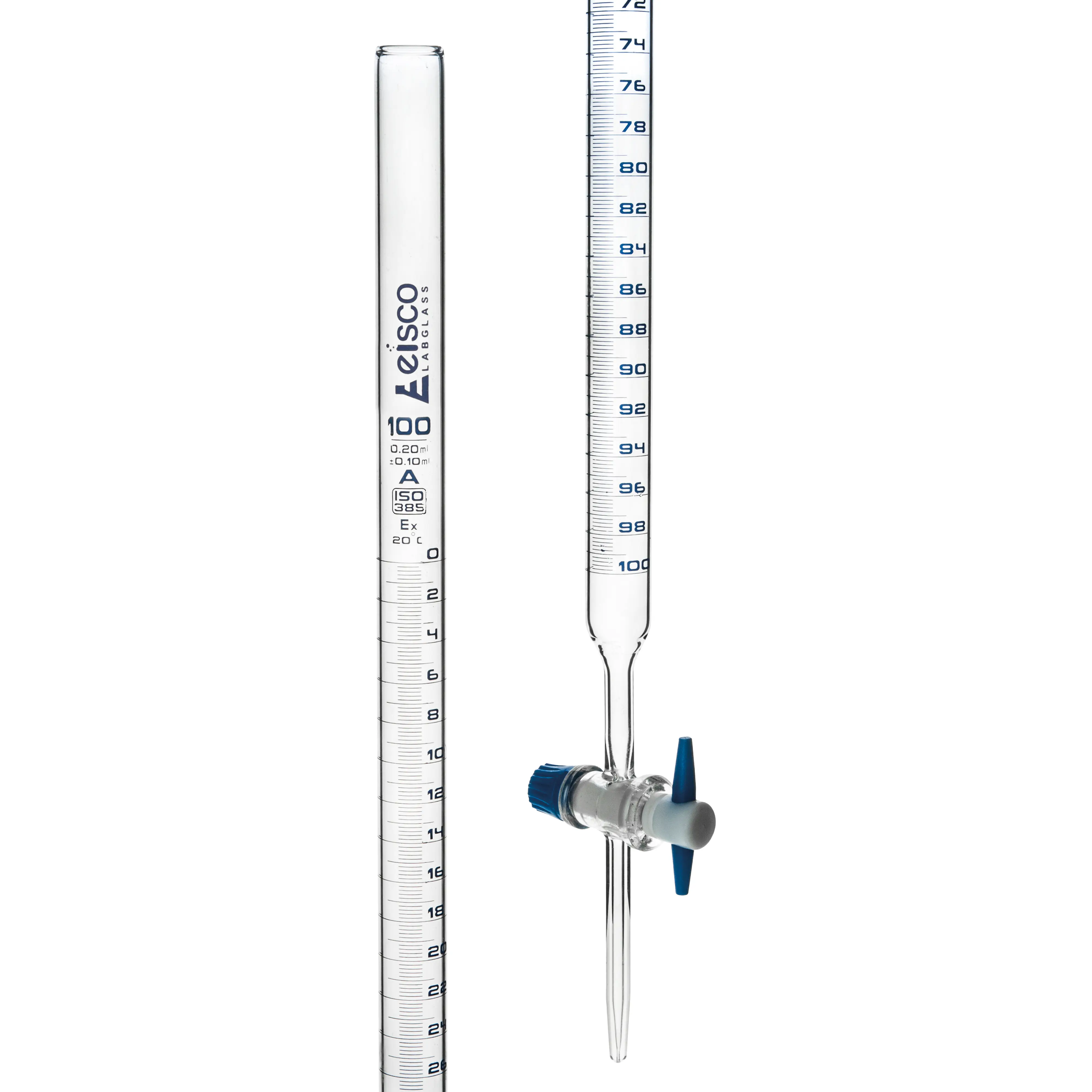 Buretas Eisco Labs - Llave de paso de PTFE, clase 'A', capacidad 100 ml - 0,20 ml, graduación azul, tolerancia ± 0,10 ml
