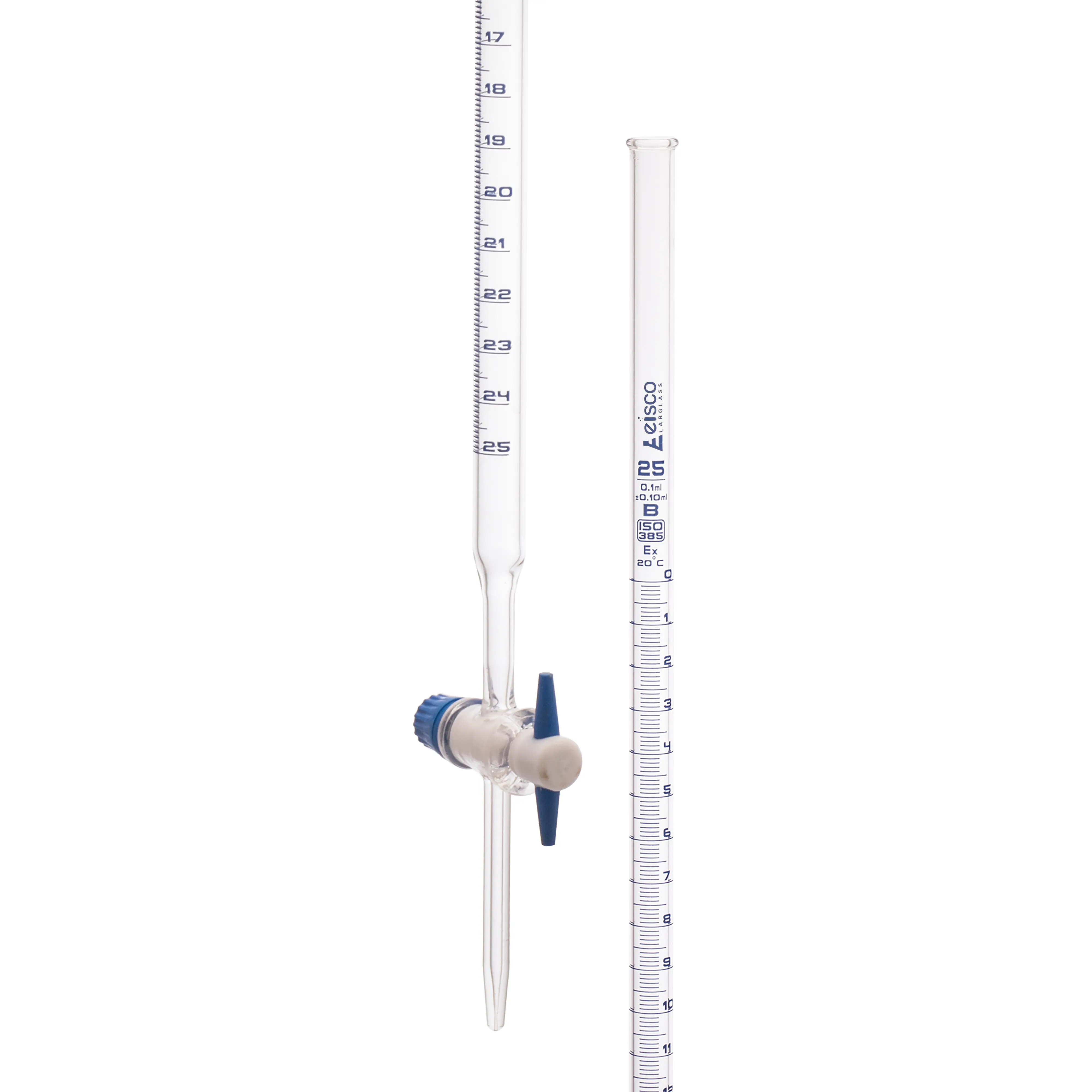 Burettes with straight bore interchangeable PTFE key stopcock, capacity 25ml, Sub. Div. 0.10ml Tolerance ± 0.10ml, class 'B', Blue Graduation