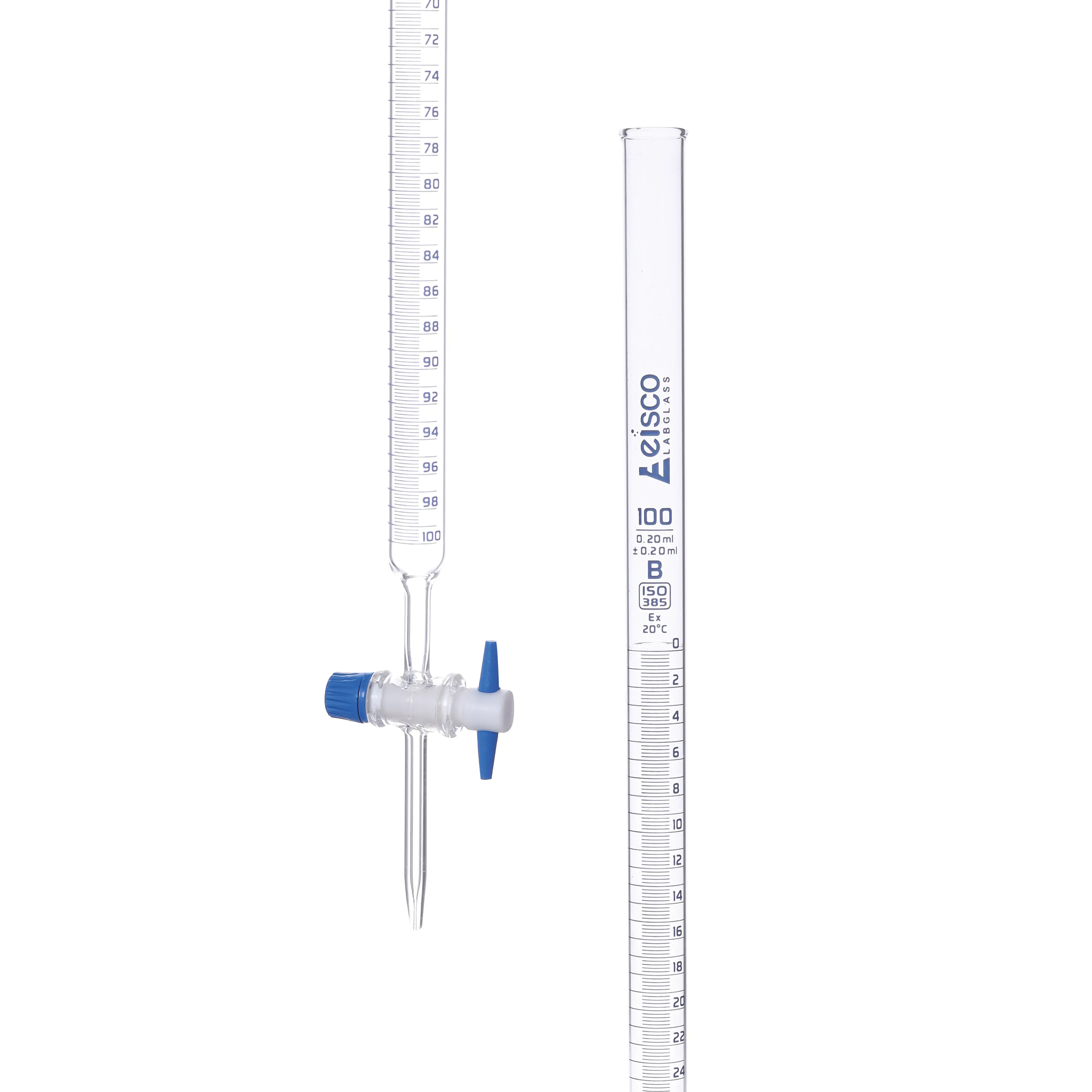 Burettes with straight bore interchangeable PTFE key stopcock, capacity 100ml, Sub. Div. 0.20ml Tolerance ± 0.20ml, class 'B', Blue Graduation