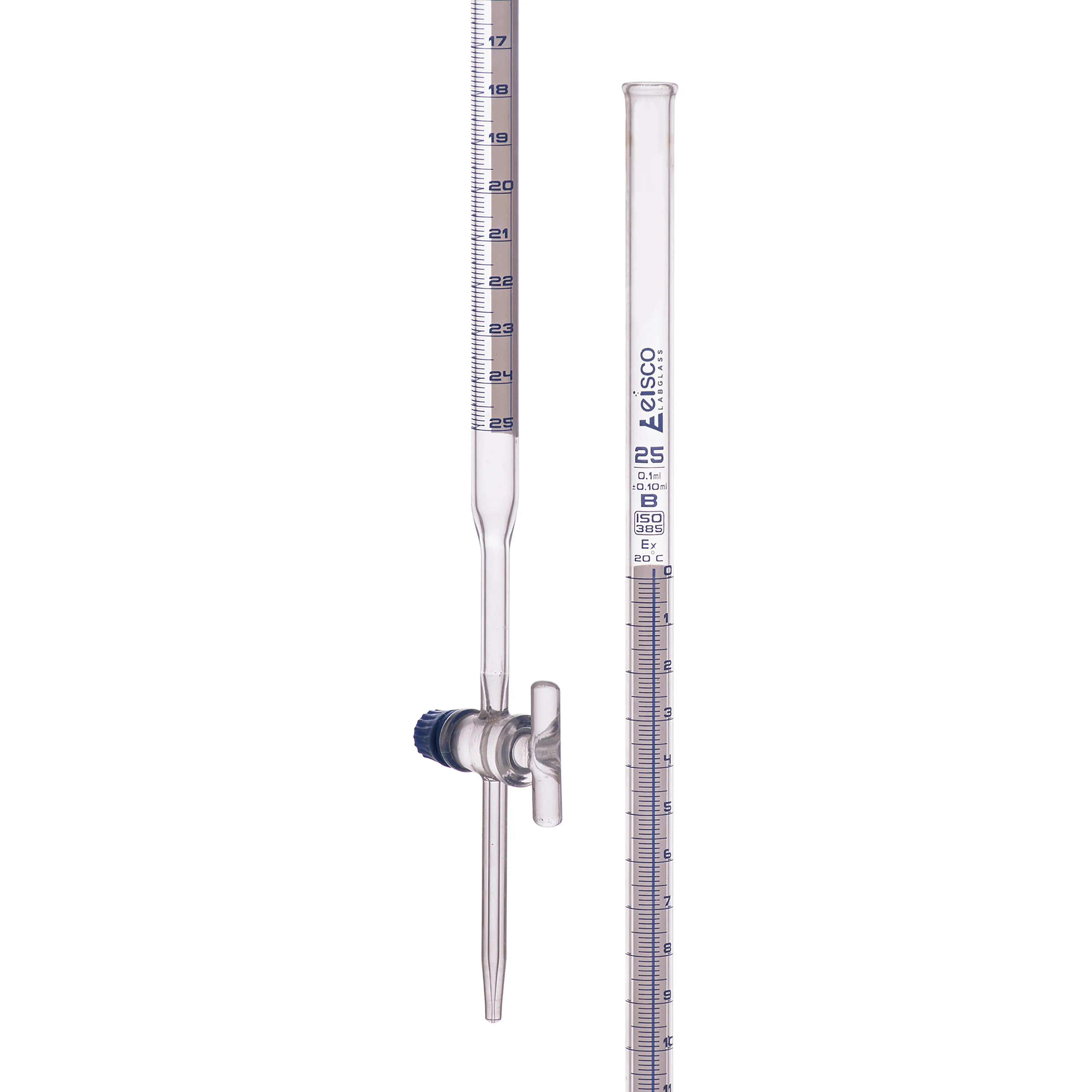 Burettes Schellbach-single bore, glass stopcock, capacity 25ml, Sub. Div. 0.10ml Tolerance ± 0.10ml, class 'B', Blue Graduation