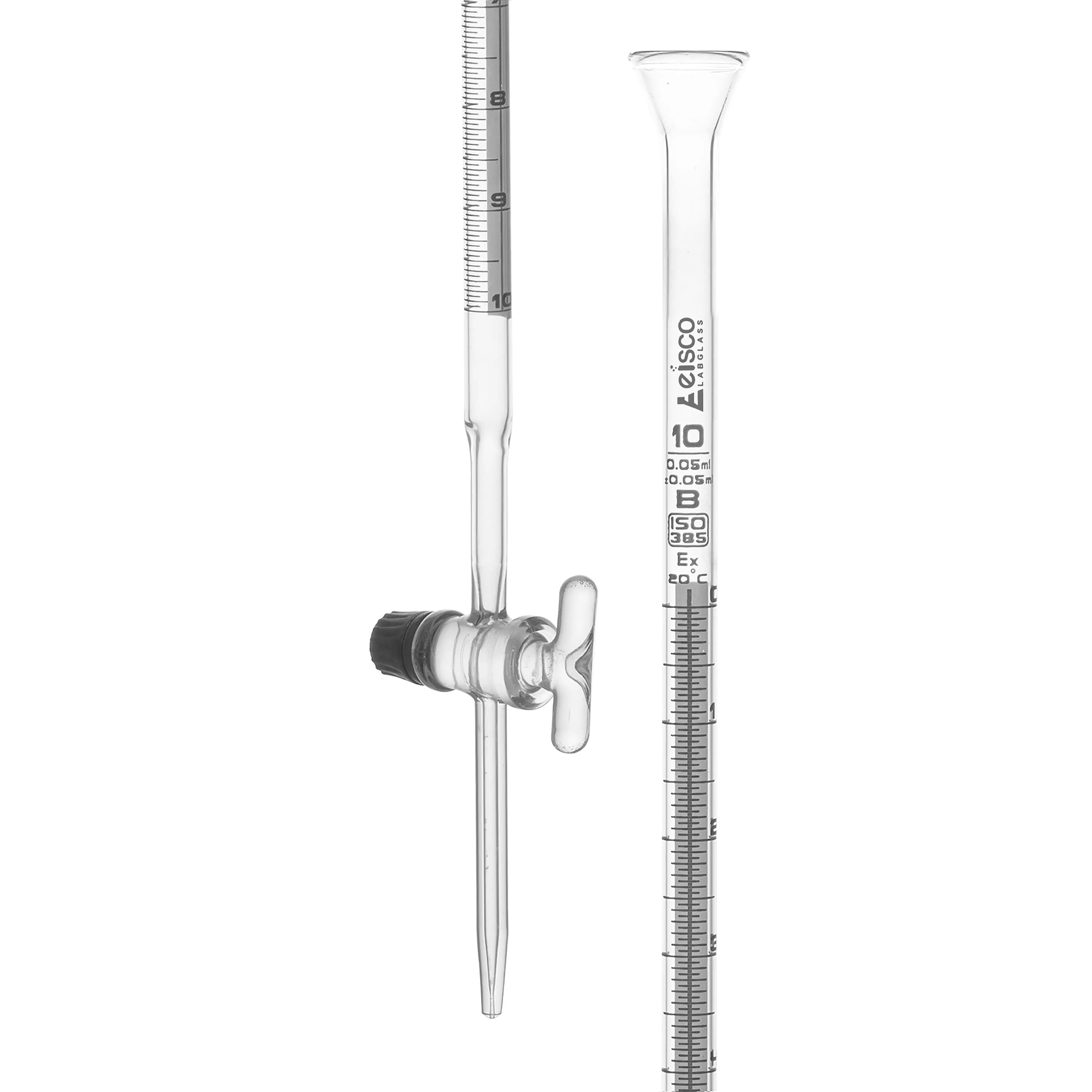 Burettes Schellbach-single bore, glass stopcock, capacity 10ml, Sub. Div. 0.05ml Tolerance ± 0.05ml, class 'B', White Graduation