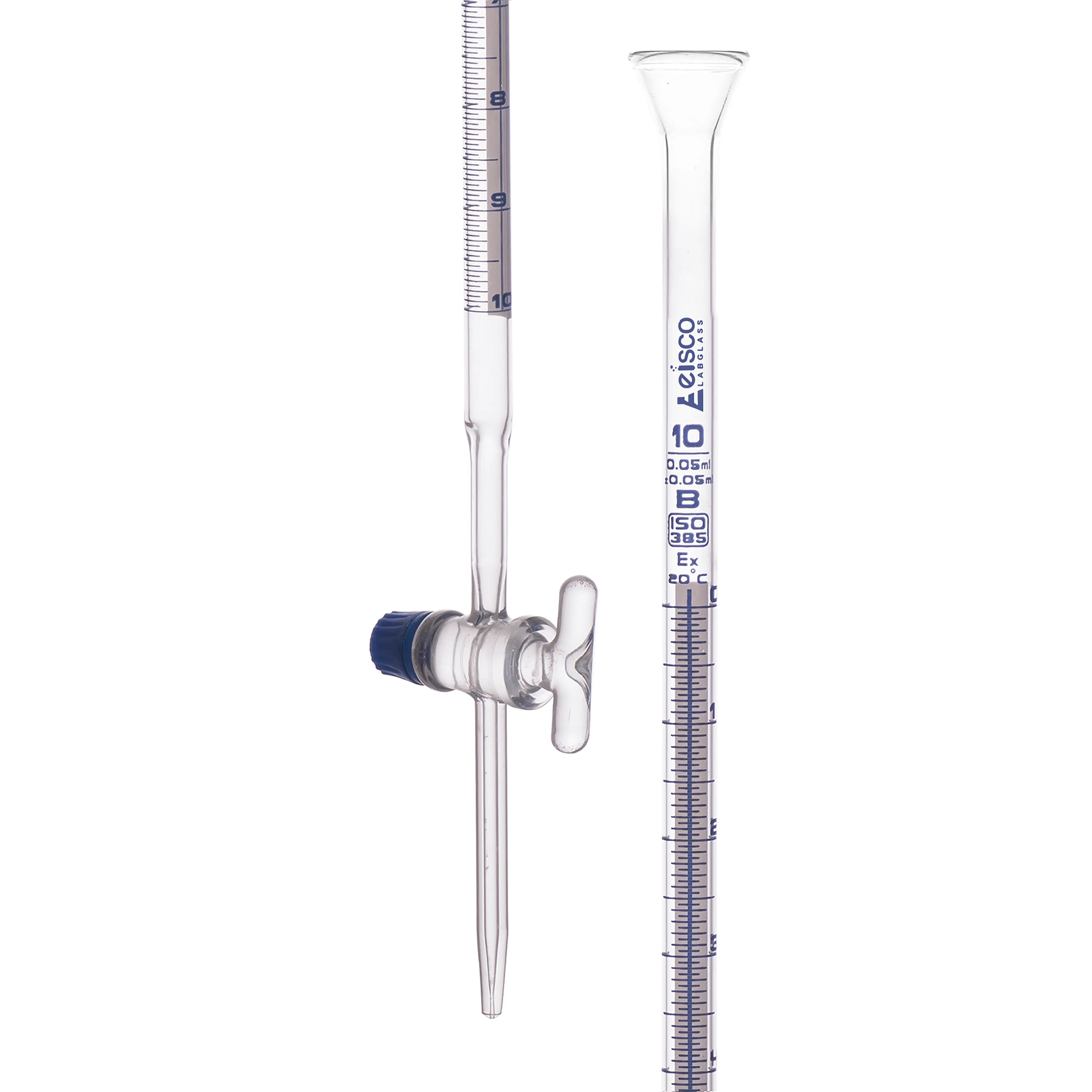 Burettes Schellbach-single bore, glass stopcock, capacity 10ml, Sub. Div. 0.05ml Tolerance ± 0.05ml, class 'B', Blue Graduation