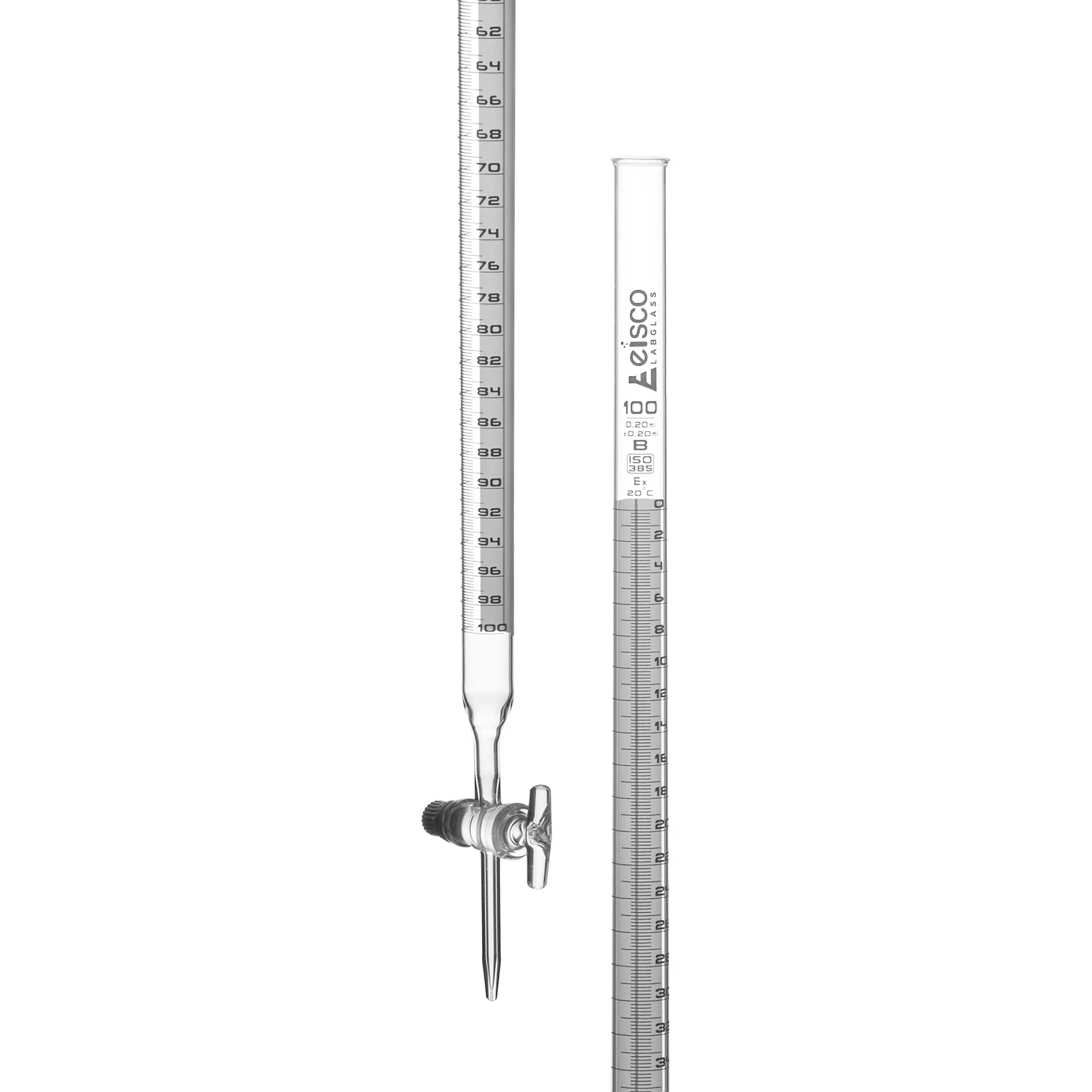 Burettes Schellbach-single bore, glass stopcock, capacity 100ml, Sub. Div. 0.20ml Tolerance ± 0.20ml, class 'B', White Graduation
