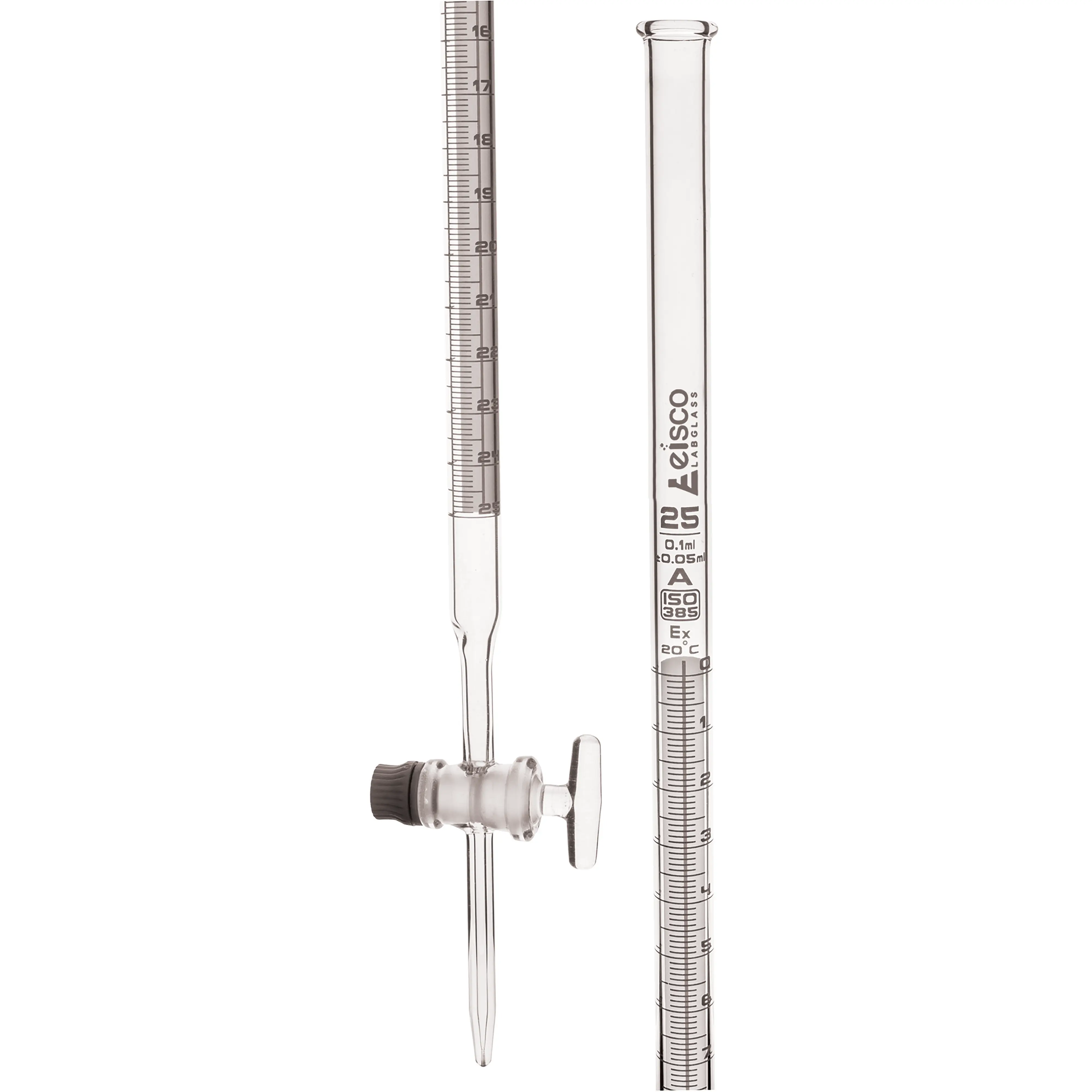 Burettes Schellbach-single bore, glass stopcock, capacity 25ml, Sub. Div. 0.10ml Tolerance ± 0.05ml, class 'A', White Graduation