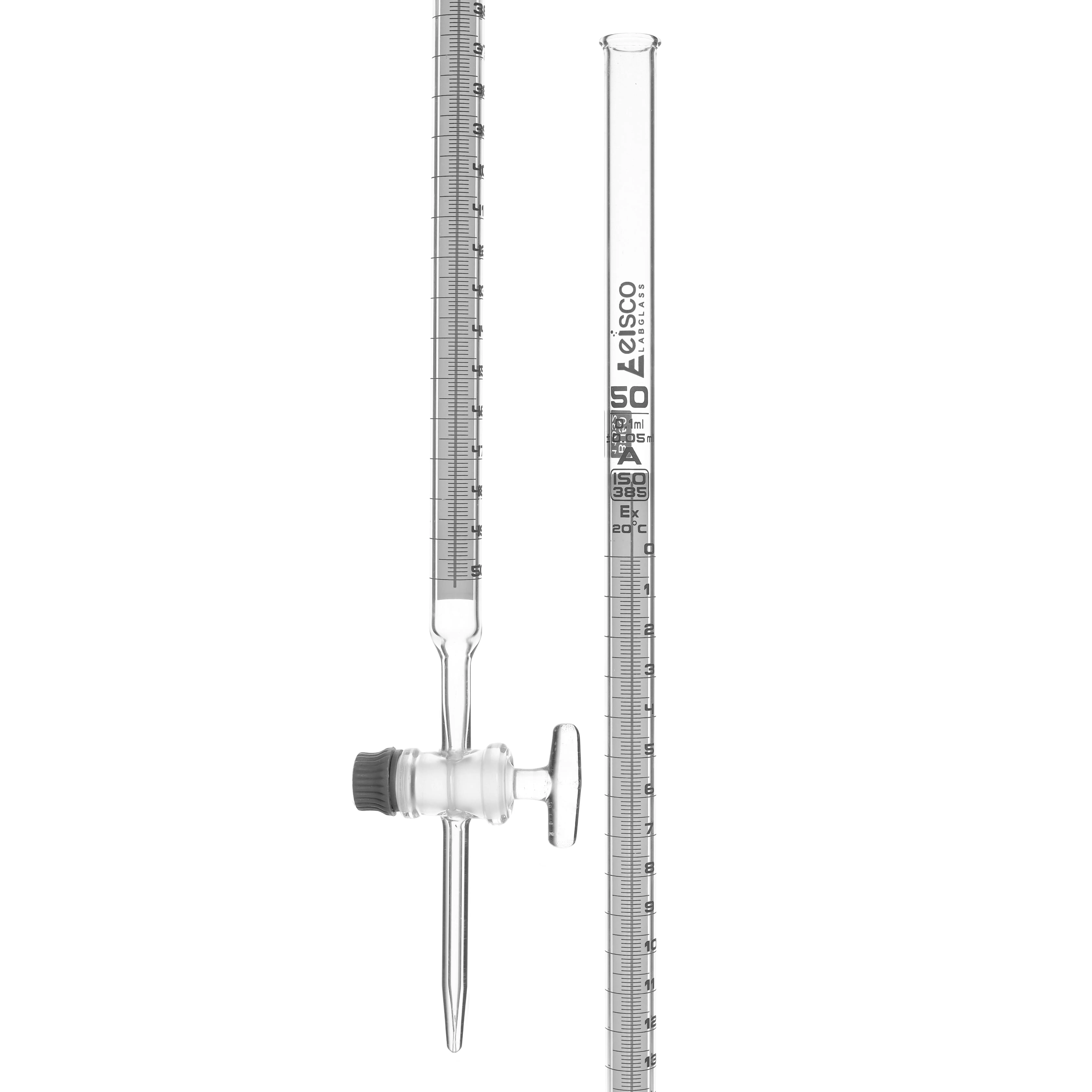 Burettes Schellbach-single bore, glass stopcock, capacity 50ml, Sub. Div. 0.10ml Tolerance ± 0.05ml, class 'A', White Graduation