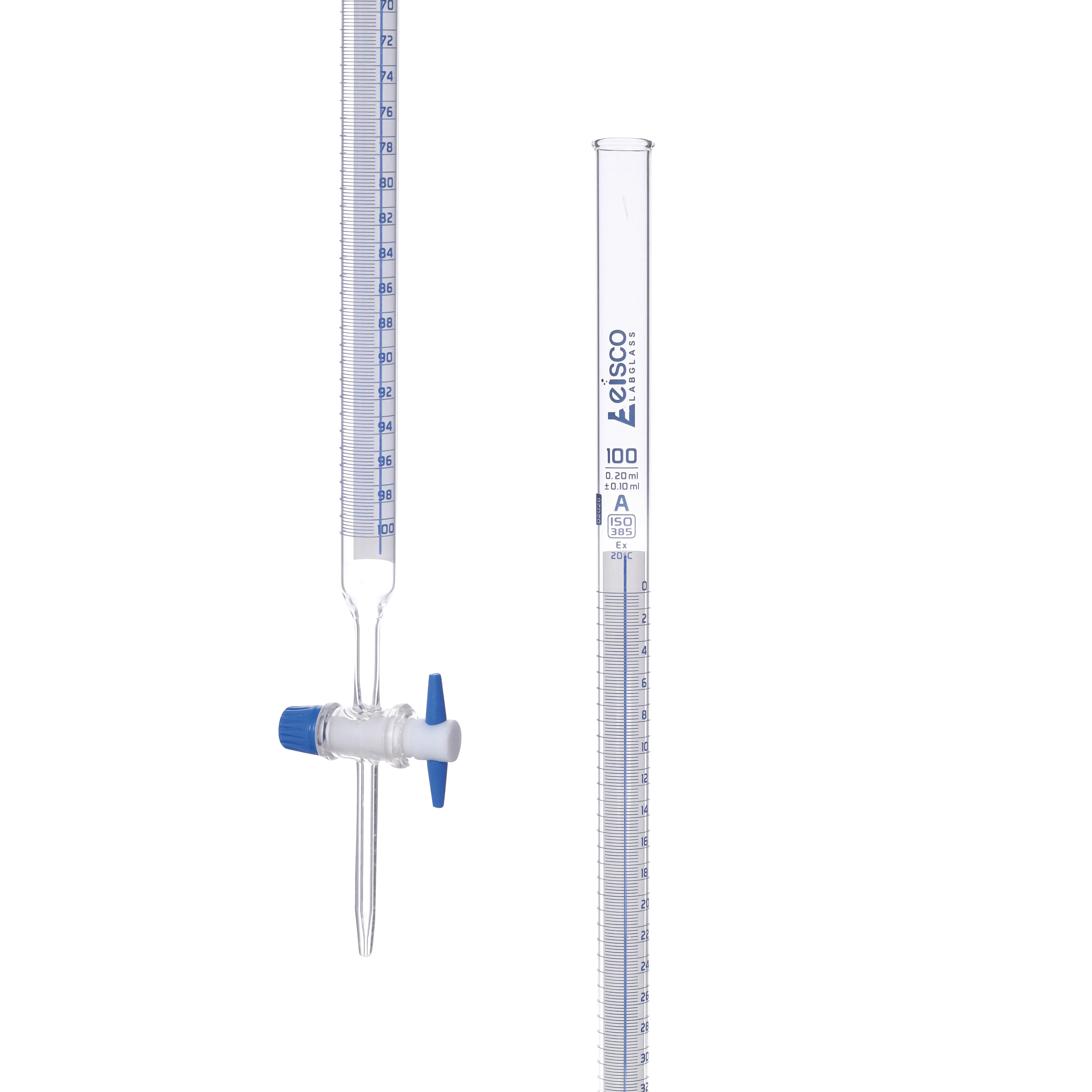 Burettes Schellbach-PTFE key stopcock, capacity 100ml, Sub. Div. 0.20ml Tolerance ± 0.10ml, class 'A'