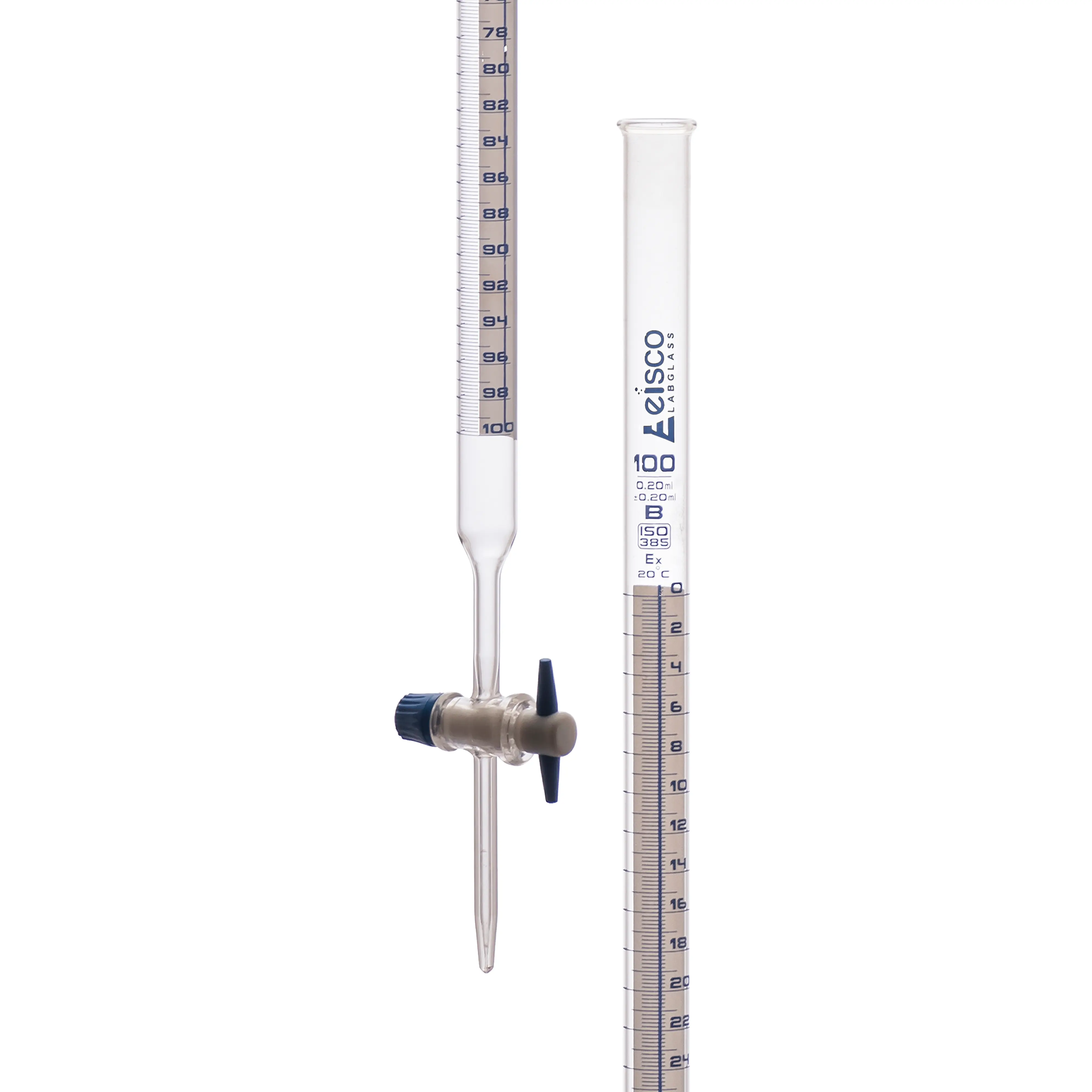Burettes Schellbach-PTFE key stopcock, capacity 100ml, Sub. Div. 0.20ml Tolerance ± 0.20ml, class 'B'