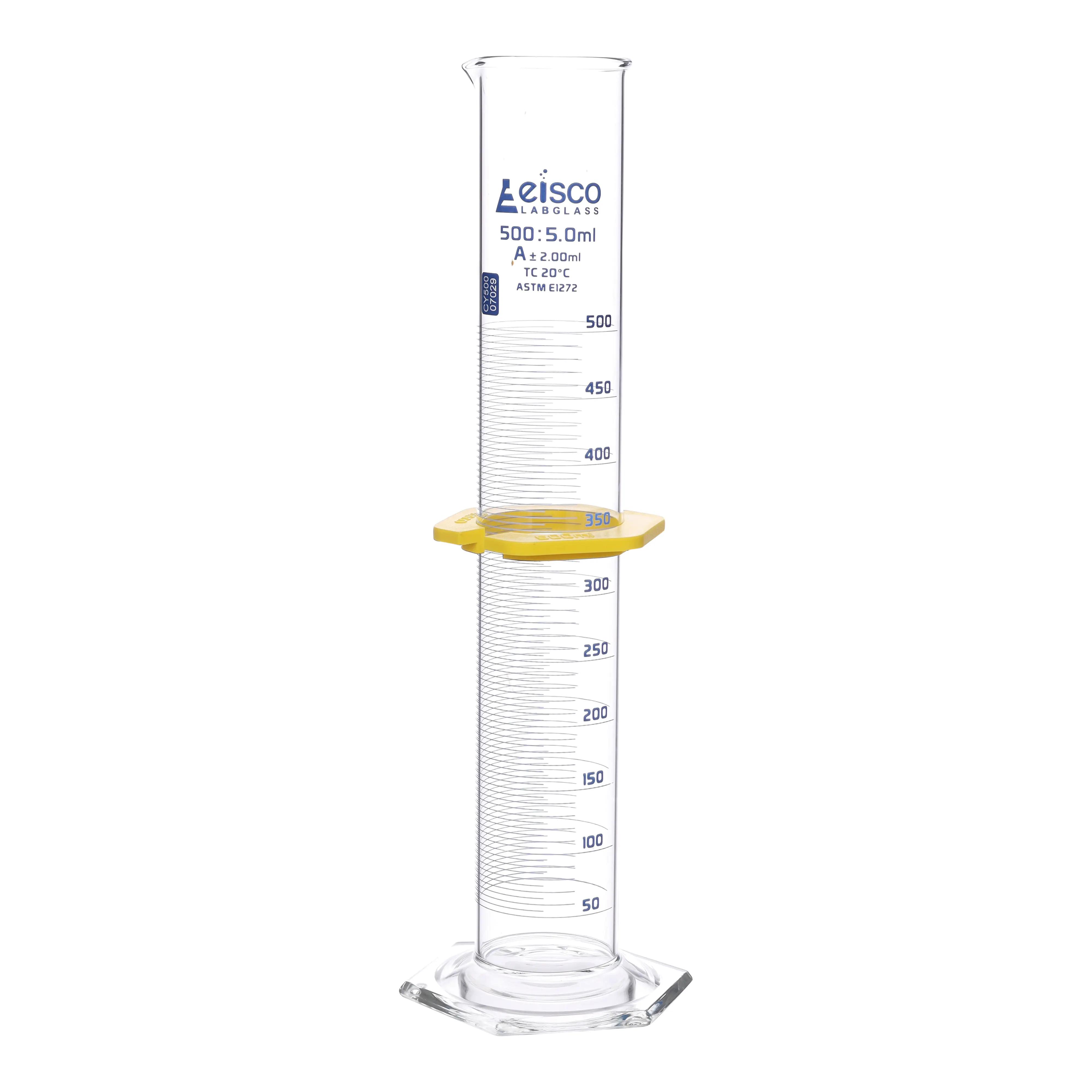 Cylinder Measuring Graduated, cap. 500ml., class 'A', glass hex. base,with protective guard & spout, borosilicate glass, Blue Graduation. As per ASTM E1272 std.