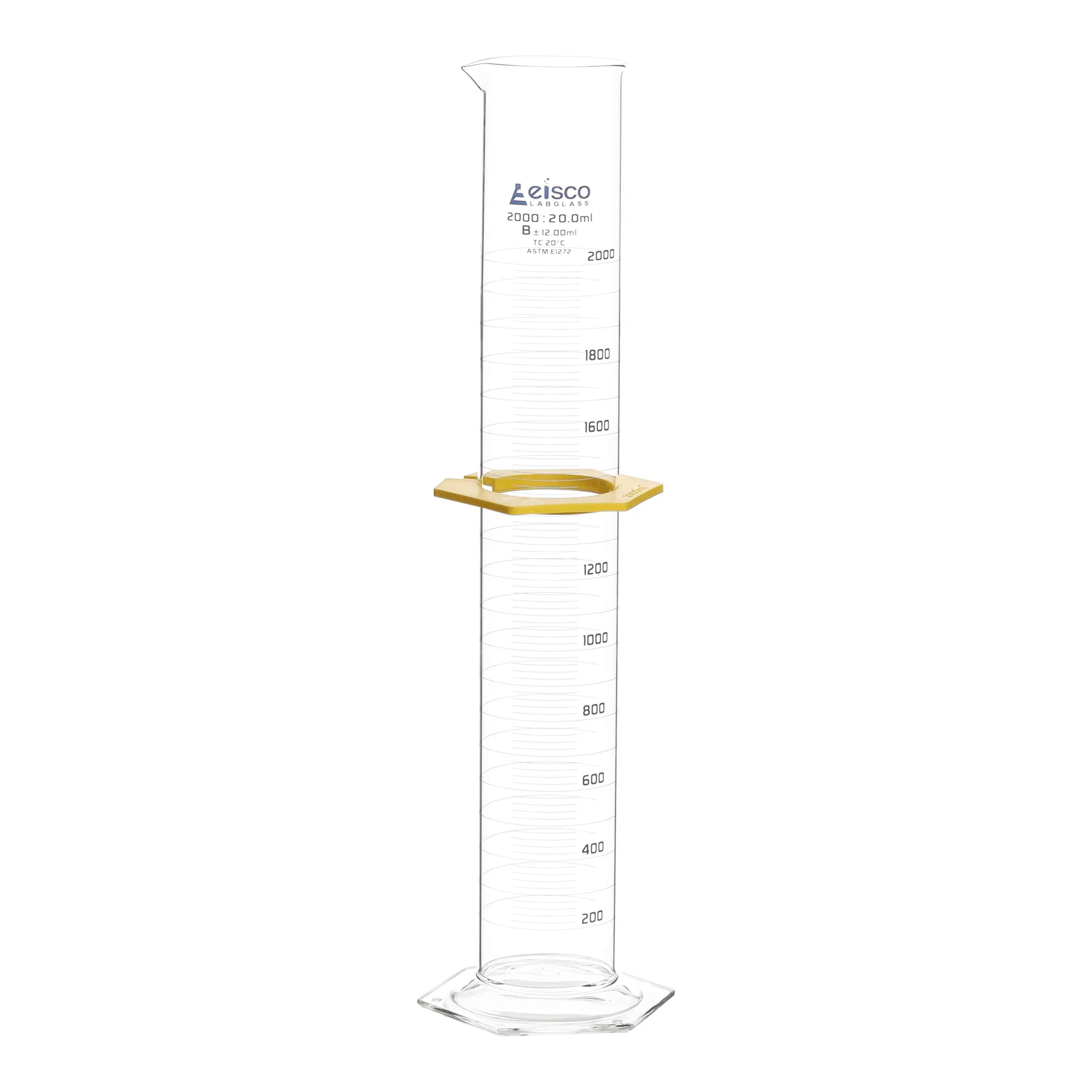 Cylinder Measuring Graduated, cap. 2000ml., class 'A', glass hex. base,with protective guard & spout, borosilicate glass, White Graduation. As per ASTM E1272 std.