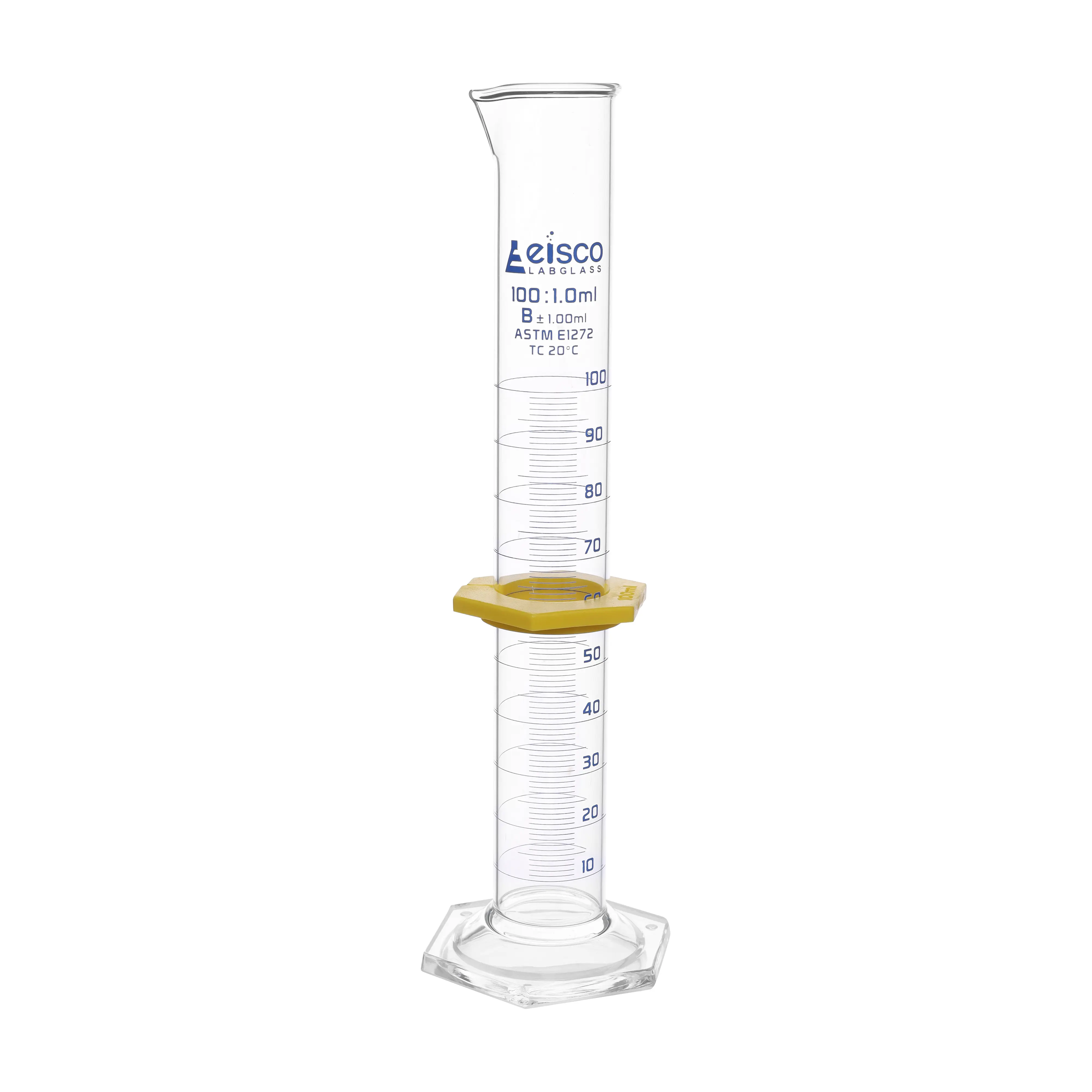 Cylinder Measuring Graduated, cap. 10ml., class 'B', glass hex. base,with protective guard & spout, borosilicate glass, Blue Graduation. As per ASTM E1272 std.