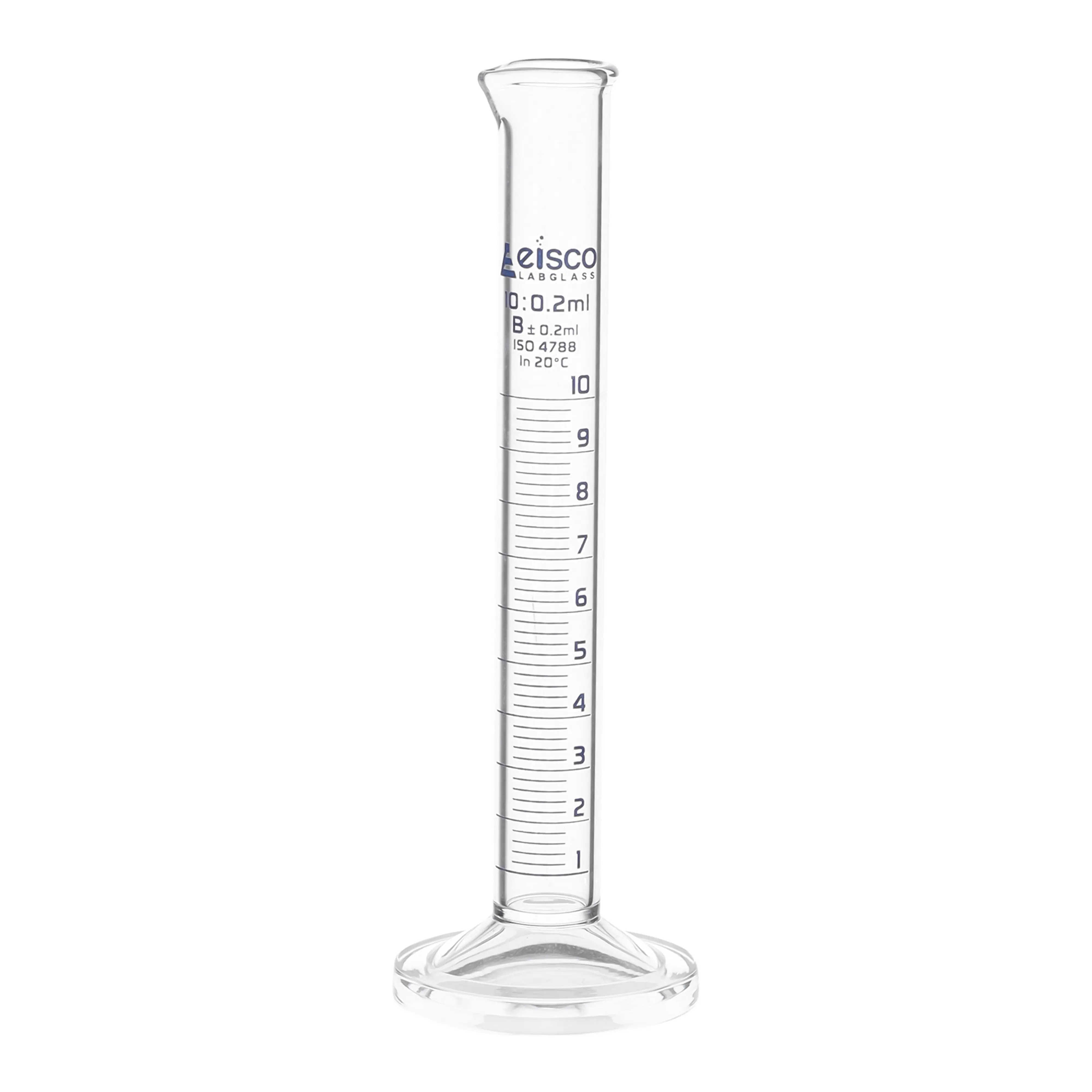 Cylinder Measuring Graduated, cap. 50ml., class 'B', round base with spout, borosilicate glass, Blue Graduation