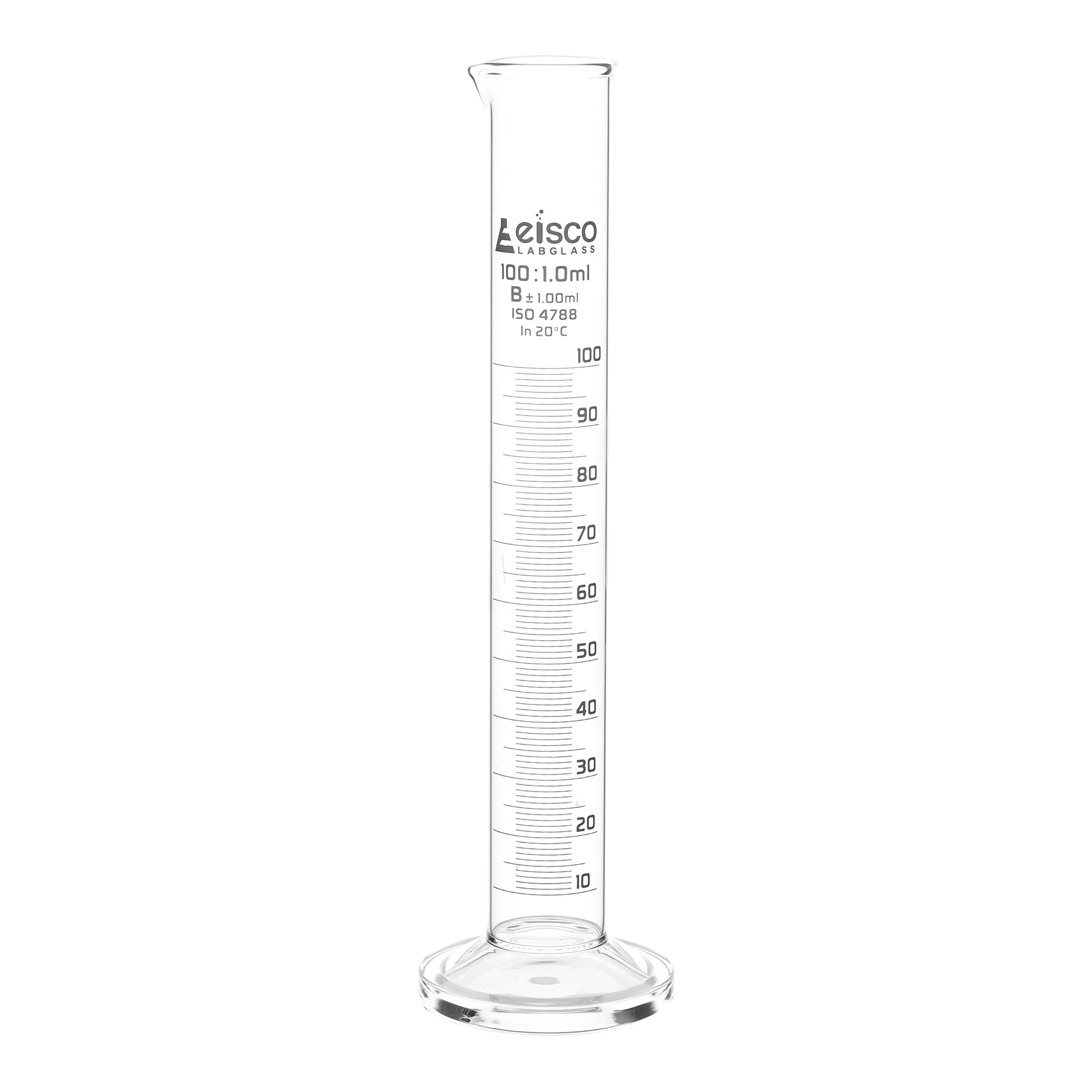 Cylinder Measuring Graduated, cap. 100ml., class 'B', round base with spout, borosilicate glass, White Graduation