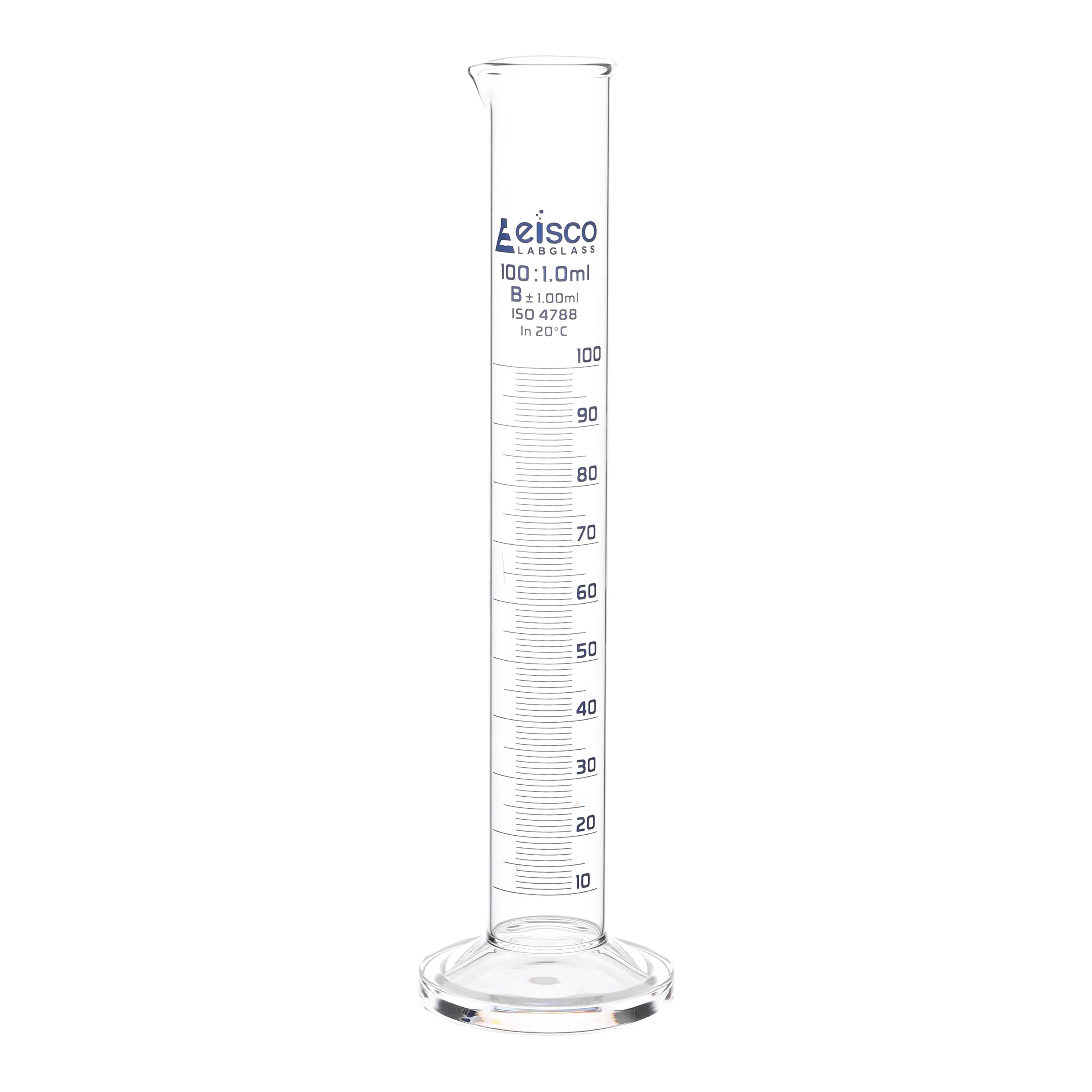 Cylinder Measuring Graduated, cap. 100ml., class 'B', round base with spout, borosilicate glass, Blue Graduation