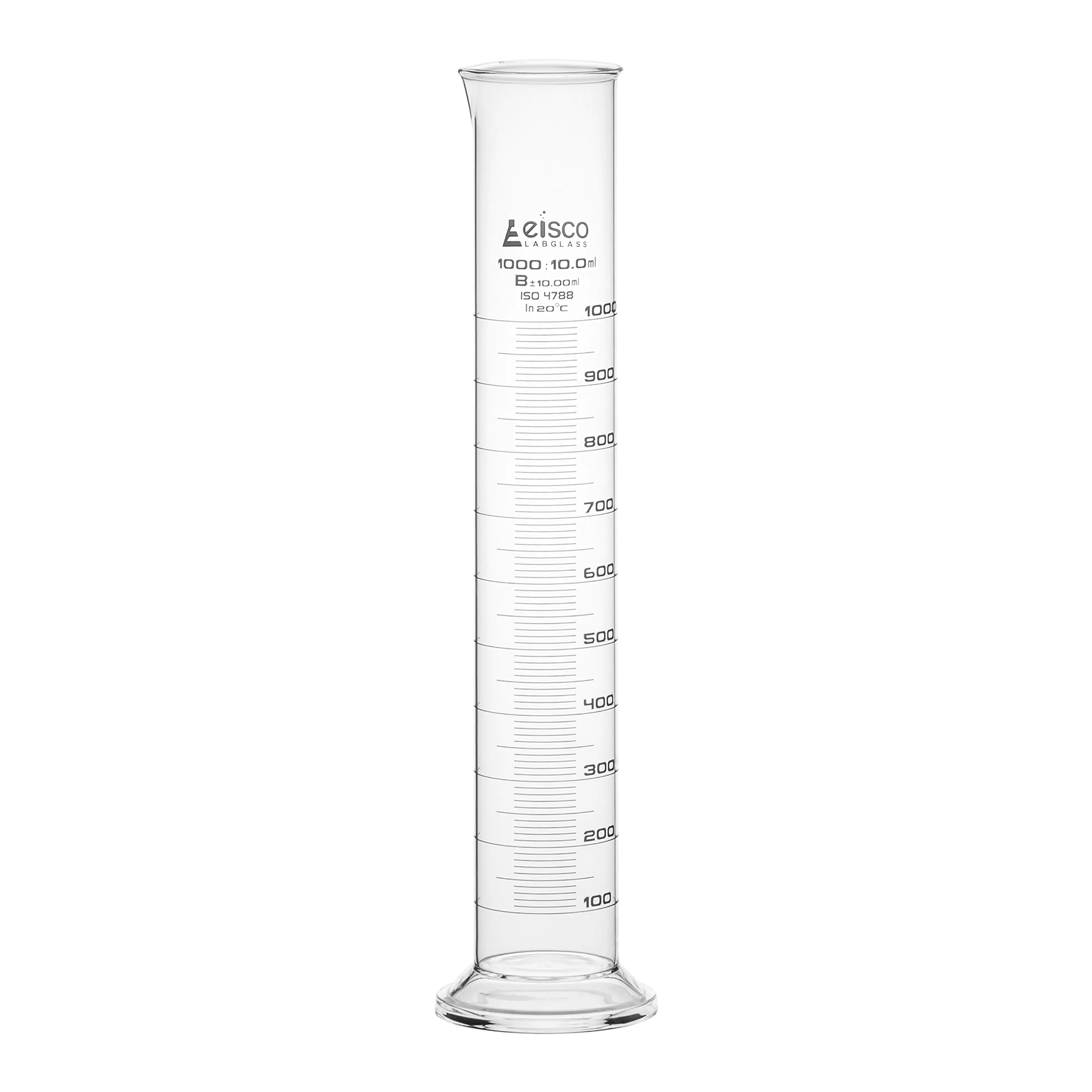 Cylinder Measuring Graduated, cap. 250ml., class 'B', round base with spout, borosilicate glass, White Graduation