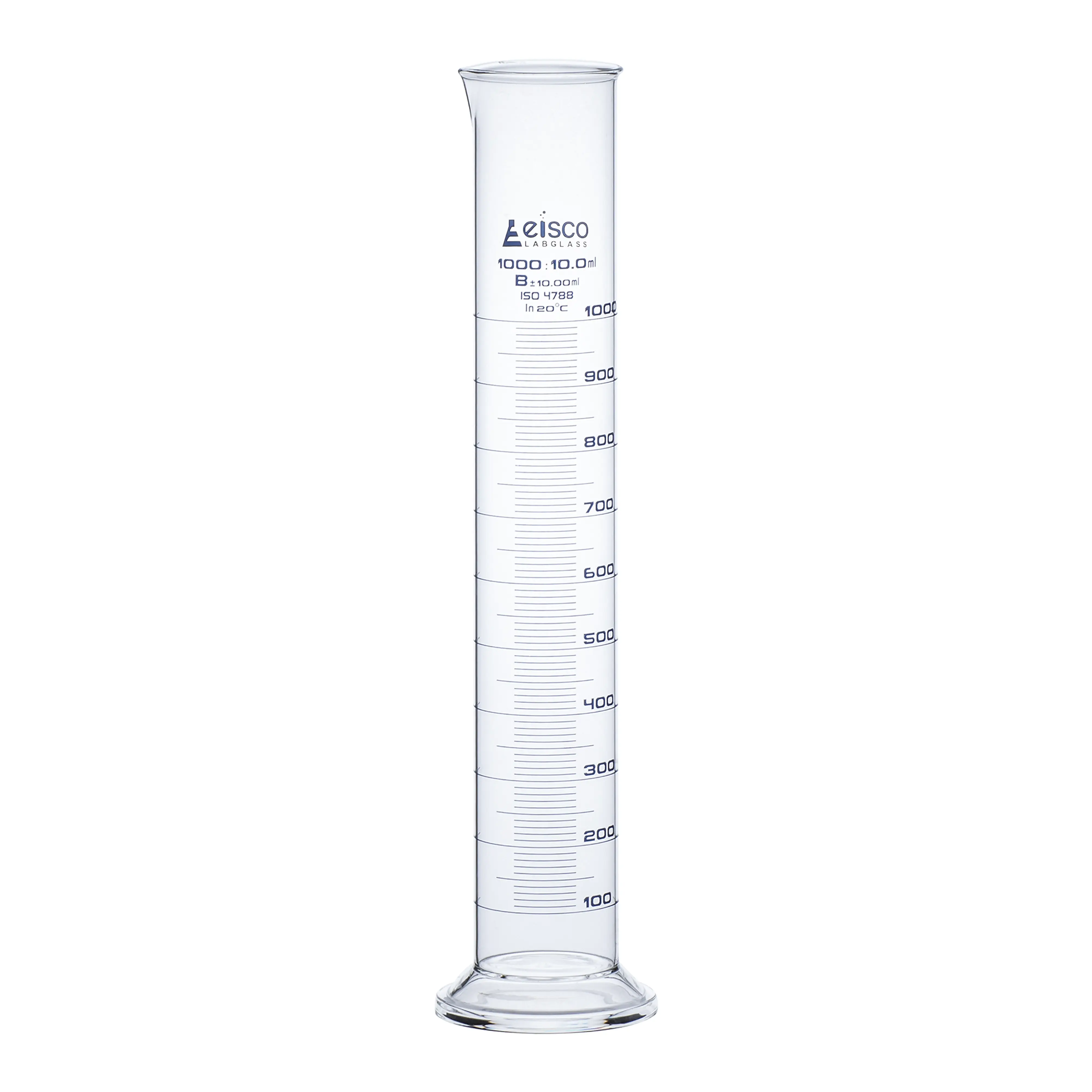 Cylinder Measuring Graduated, cap. 500ml., class 'B', round base with spout, borosilicate glass, Blue Graduation