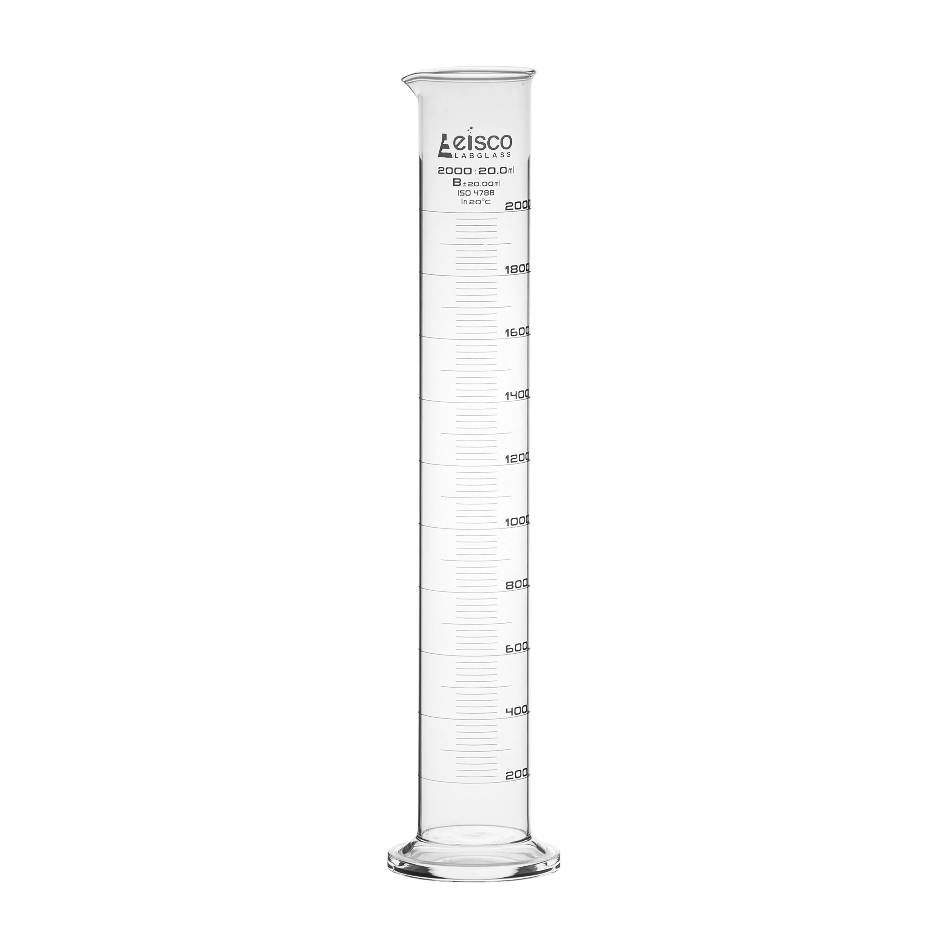 Cylinder Measuring Graduated, cap. 2000ml., class 'B', round base with spout, borosilicate glass, White Graduation