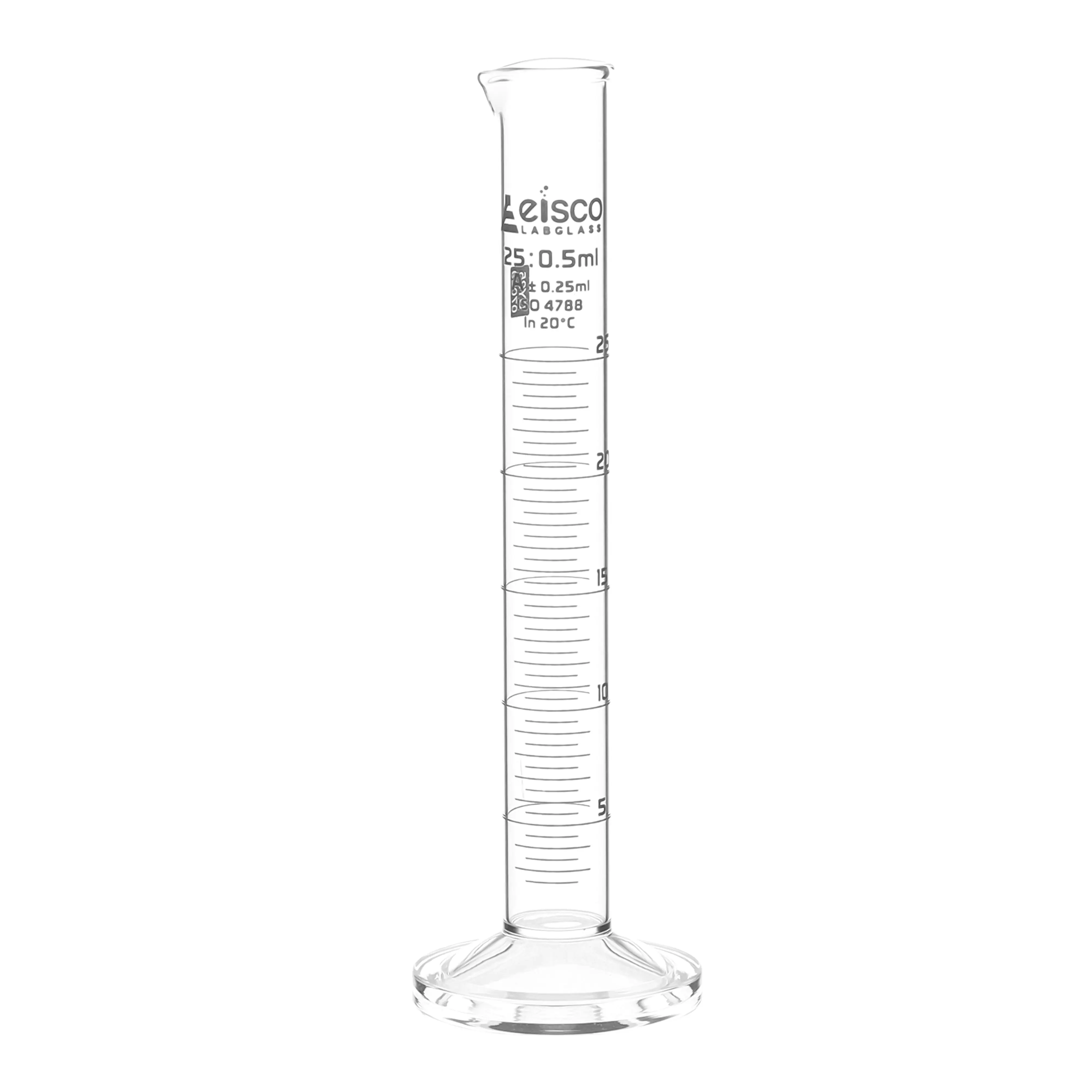Cylinder Measuring Graduated, cap. 25ml., class 'A', round base with spout, borosilicate glass, White Graduation