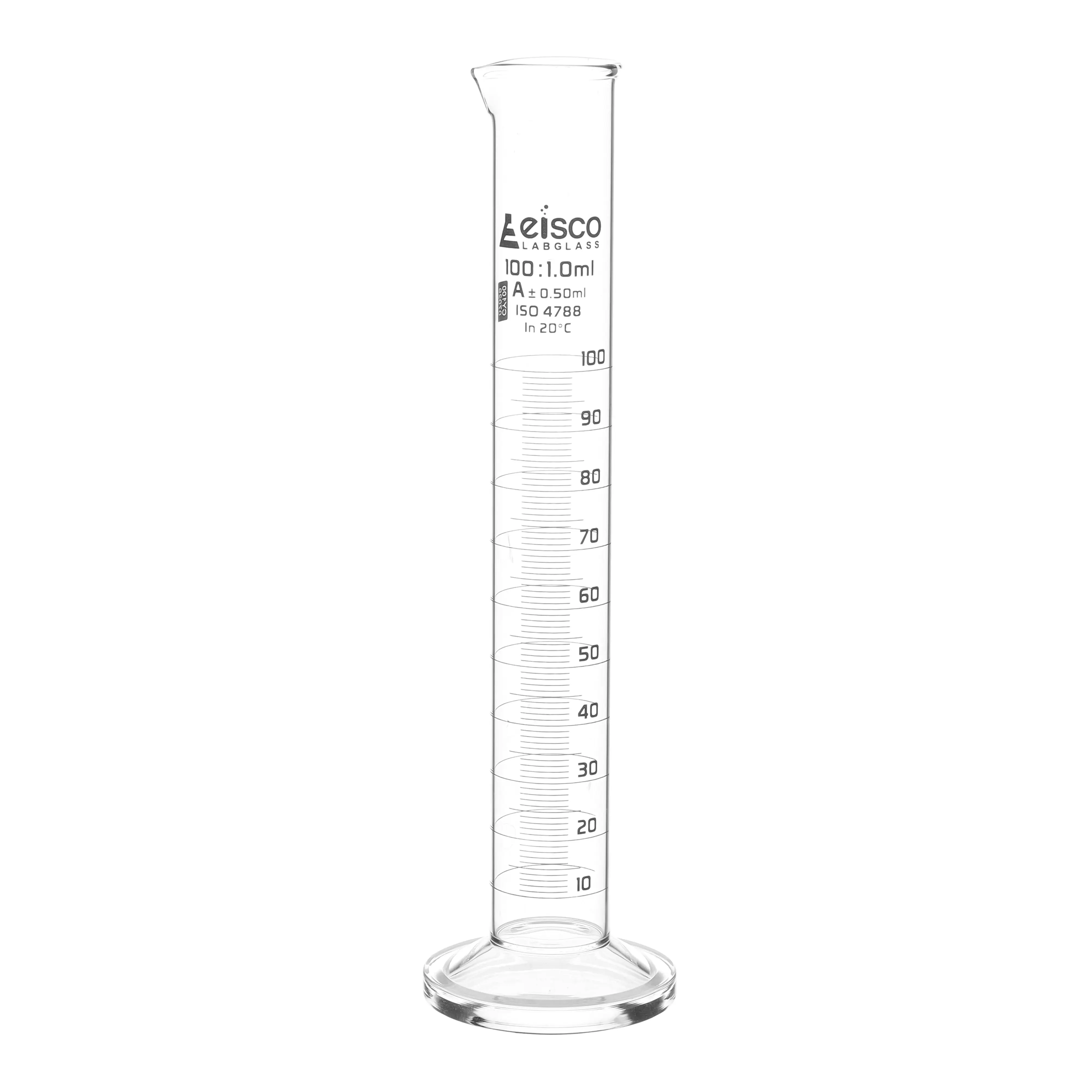 Cylinder Measuring Graduated, cap. 50ml., class 'A', round base with spout, borosilicate glass, White Graduation