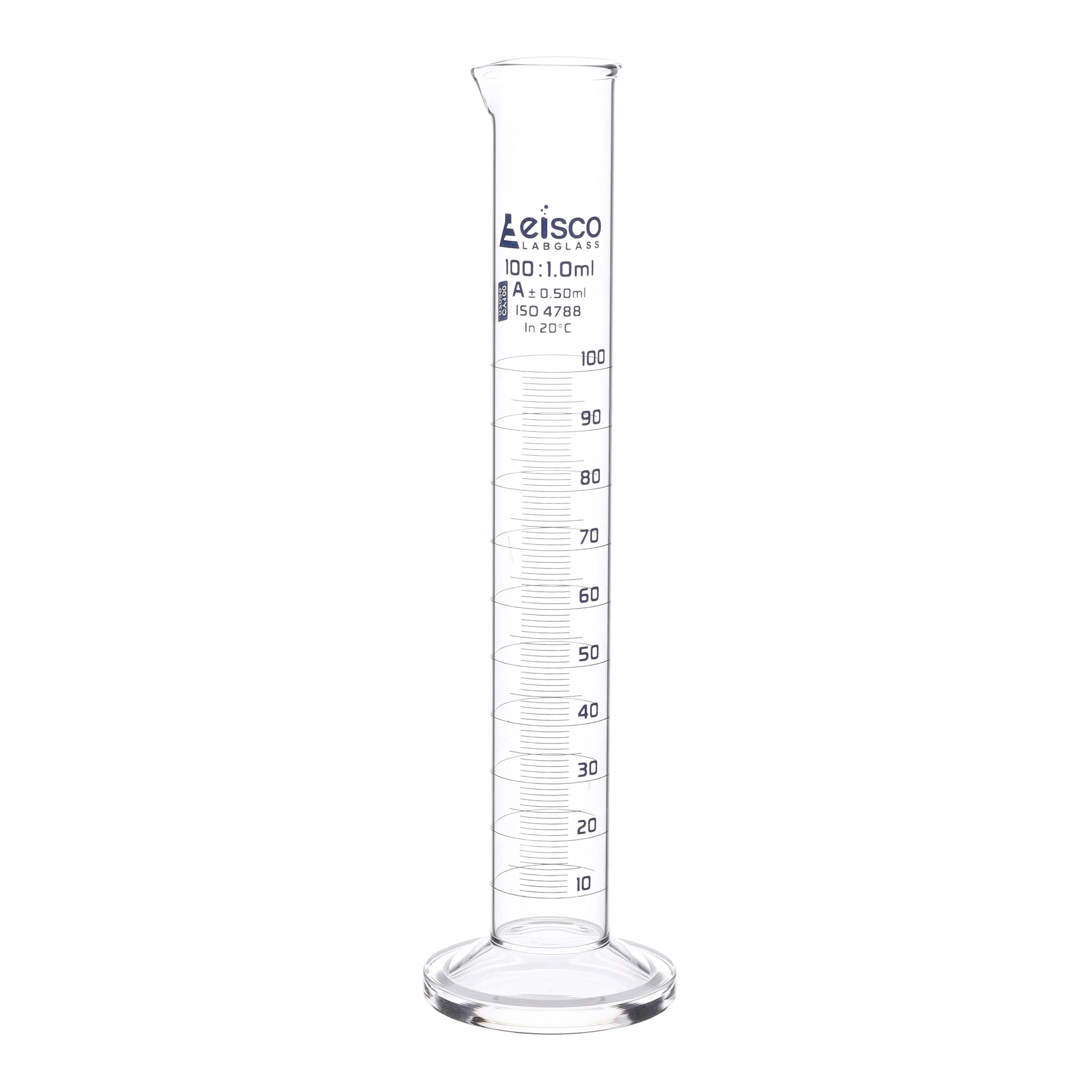 Cylinder Measuring Graduated, cap. 100ml., class 'A', round base with spout, borosilicate glass, Blue Graduation