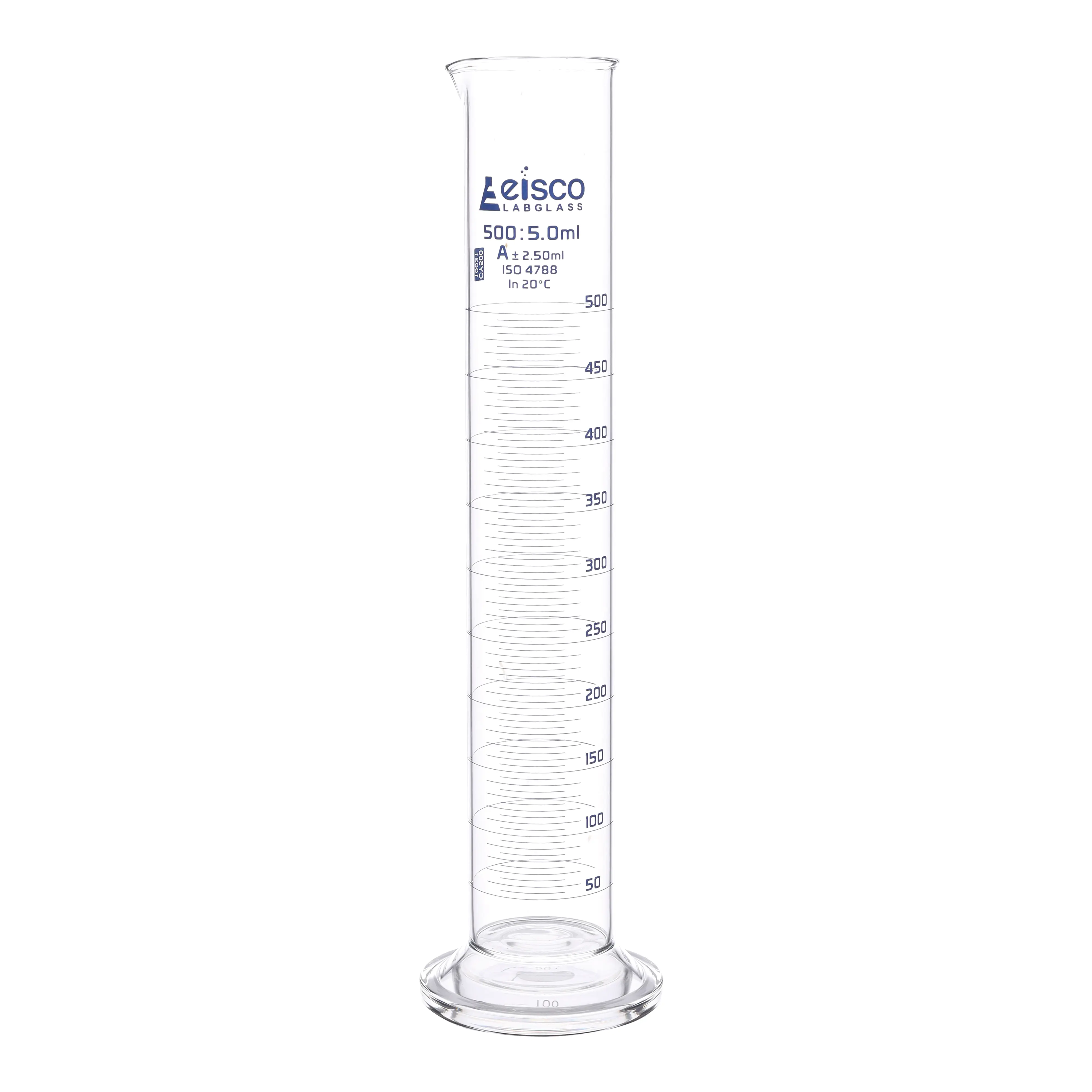 Cylinder Measuring Graduated, cap. 250ml., class 'A', round base with spout, borosilicate glass, Blue Graduation