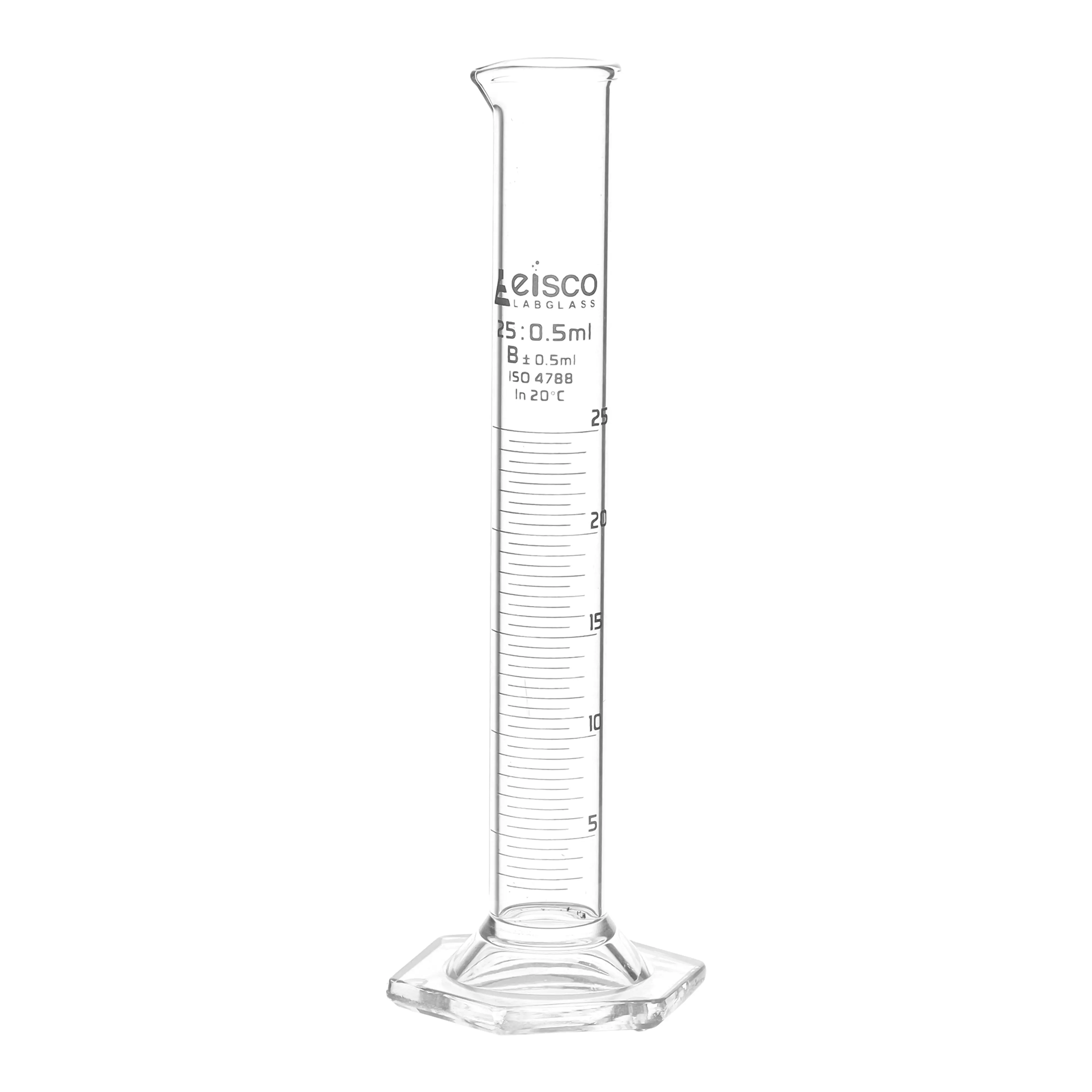 Cylinder Measuring Graduated, cap. 25ml., class 'B', Hex. base with spout, borosilicate glass, White Graduation